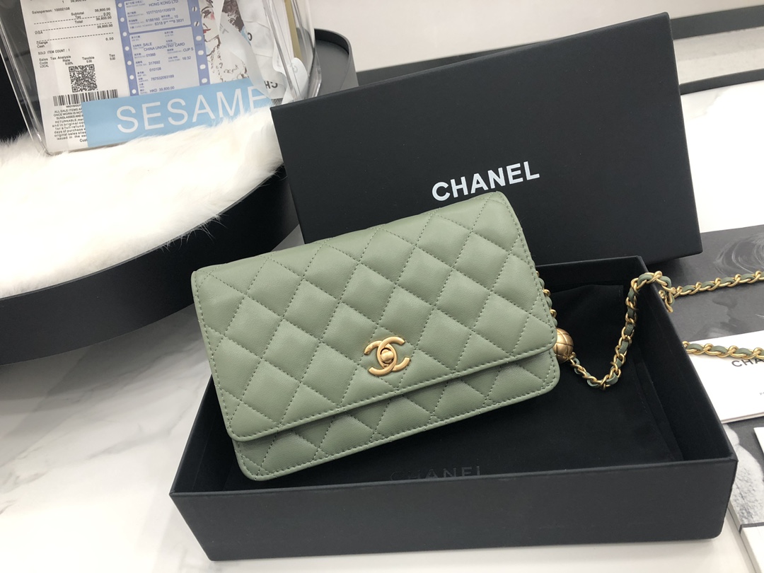 Vintage Chanel AP1450 Wallet on Chain Green Leather With Gold-Tone Metal Ball Price Online Replica