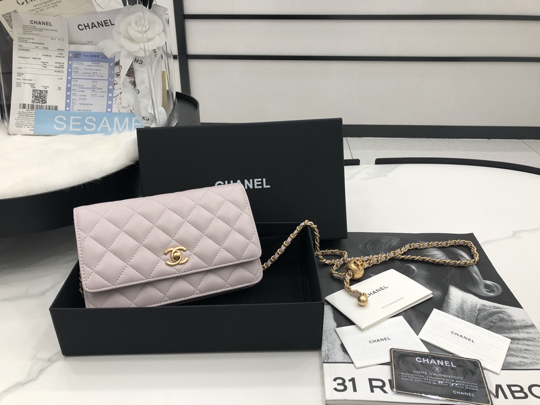 Vintage Chanel AP1450 Wallet on Chain Light Pink Leather With Gold-Tone Metal Ball Price Online Replica