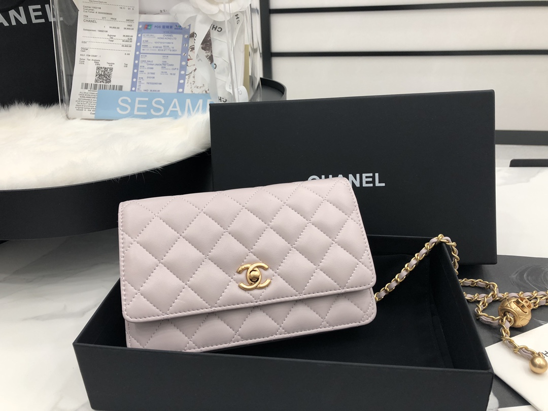 Vintage Chanel AP1450 Wallet on Chain Light Pink Leather With Gold-Tone Metal Ball Price Online Replica