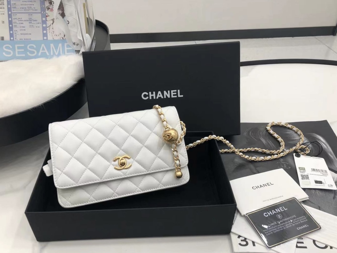 Vintage Chanel AP1450 Wallet on Chain White Leather With Gold-Tone Metal Ball Price Online Replica