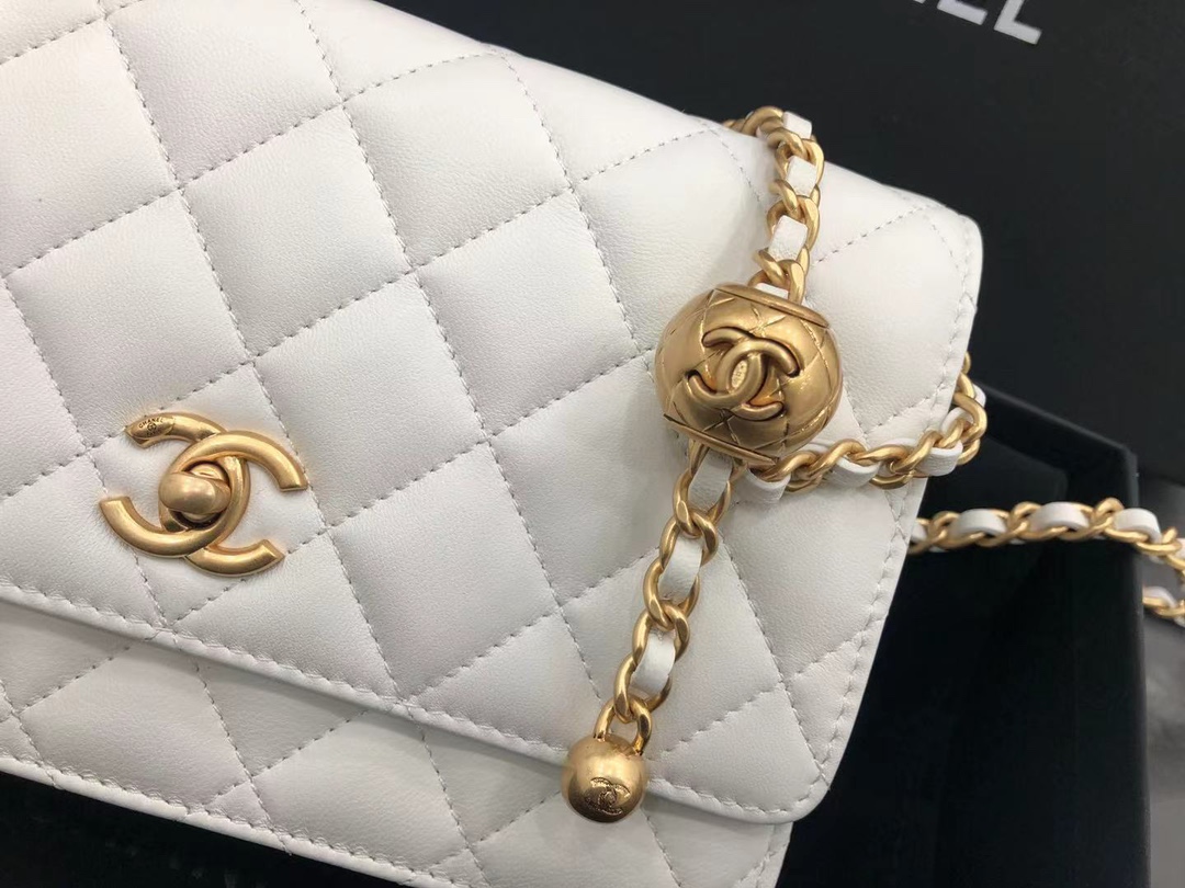 Vintage Chanel AP1450 Wallet on Chain White Leather With Gold-Tone Metal Ball Price Online Replica