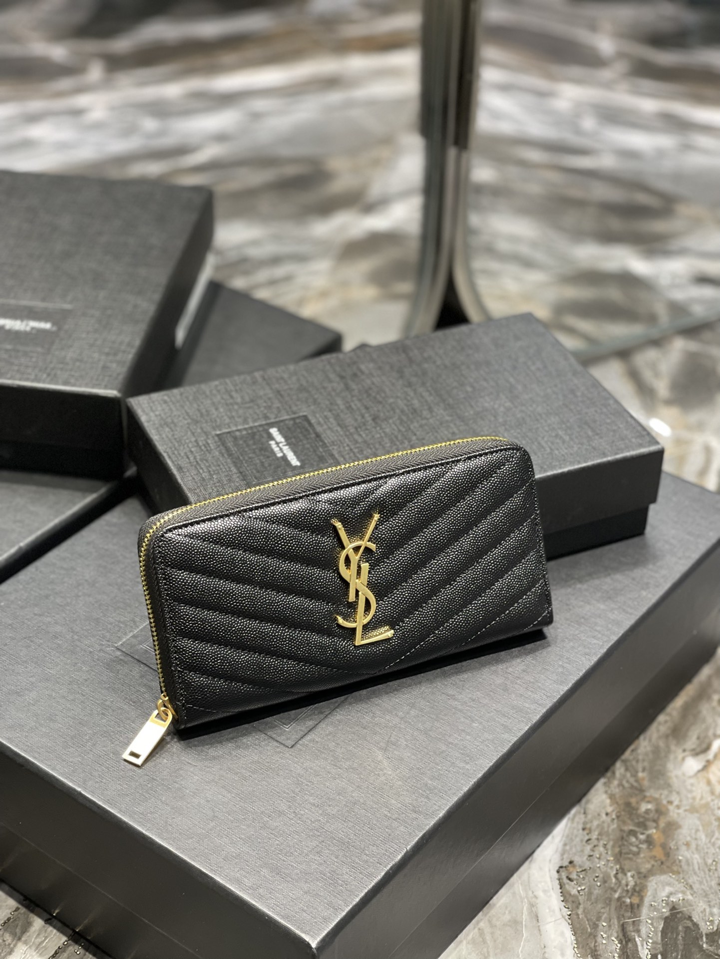 YSL Leather Monogram Long Zip Wallet 