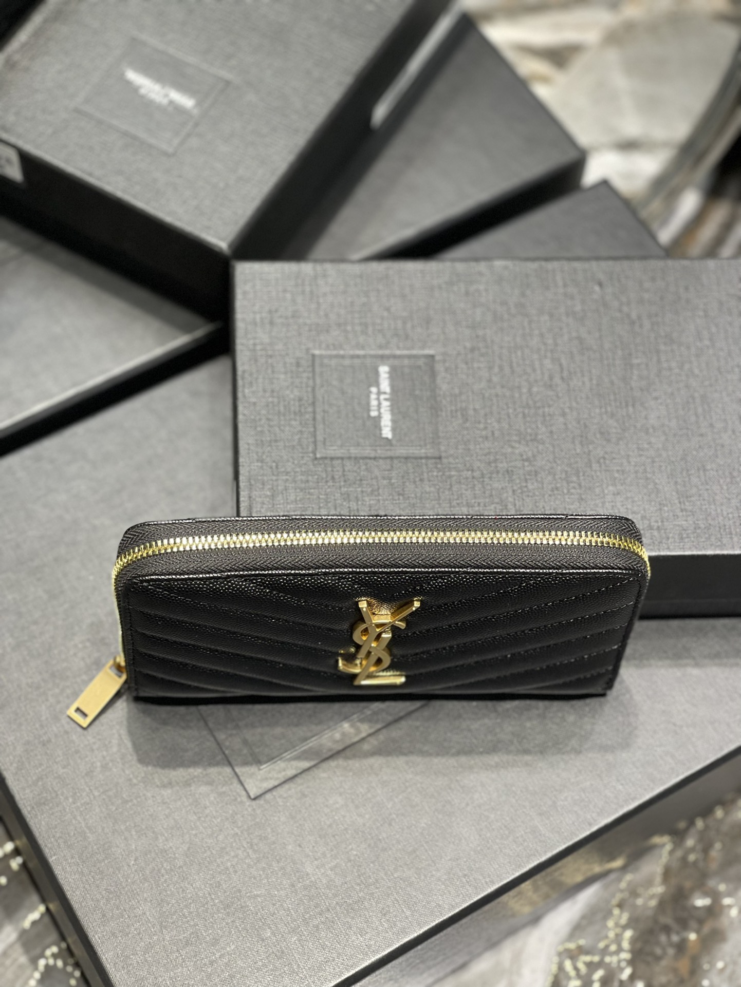 YSL Leather Monogram Long Zip Wallet 