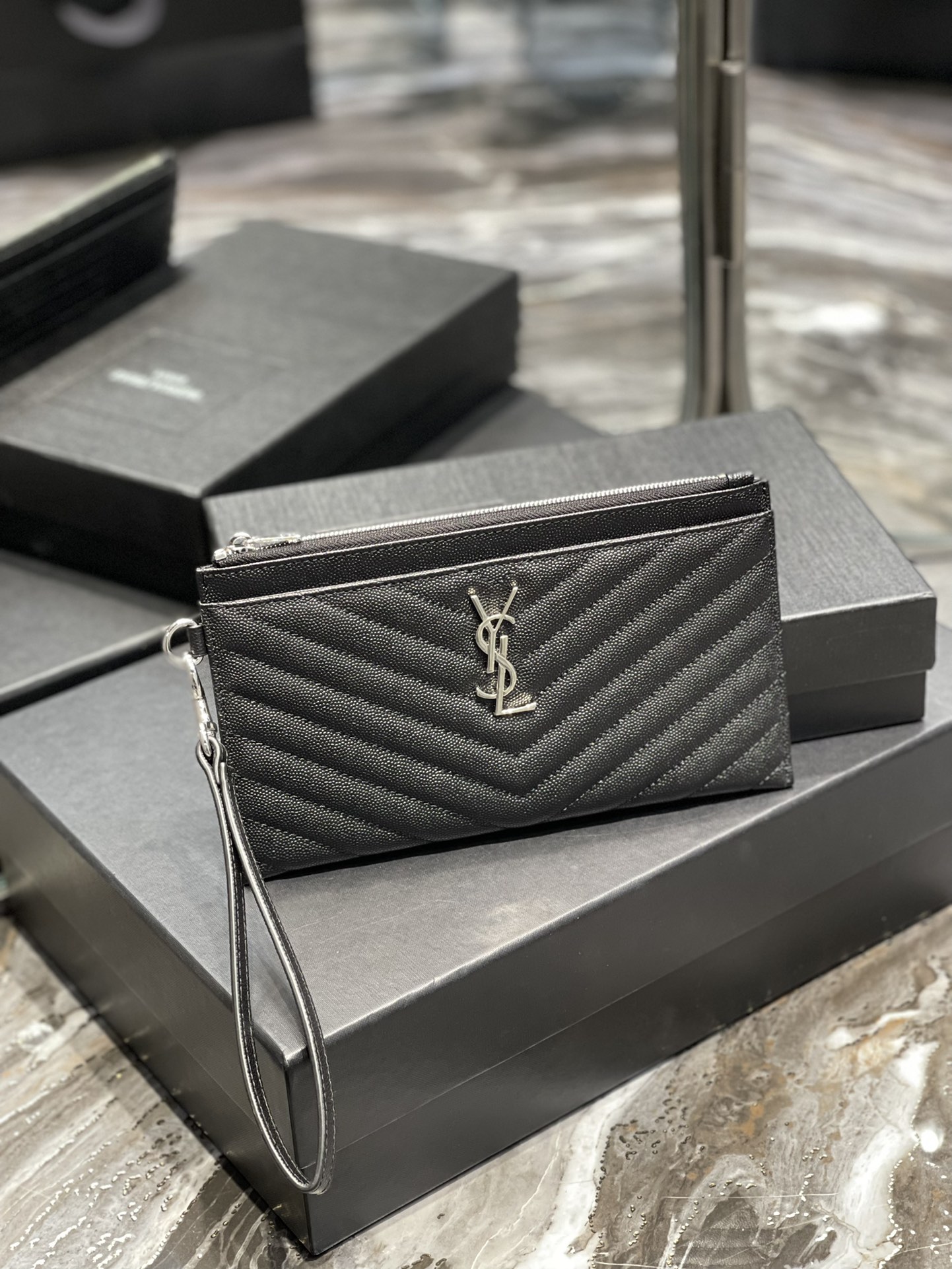 YSL Leather Monogram Pouch Wallet With Silver Logo