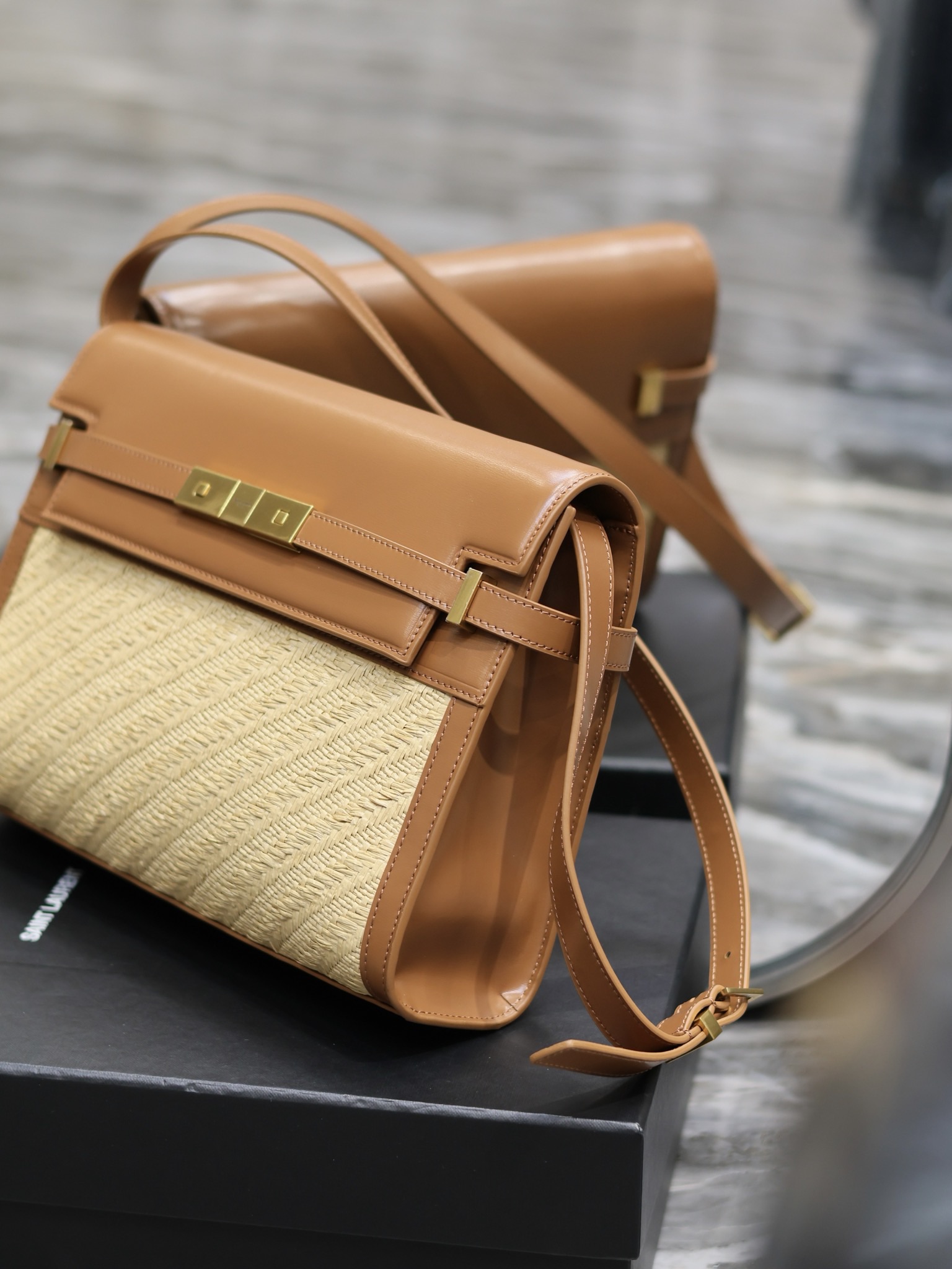 YSL Manhattan Shoulder Bag in Raffia And Vegetable-Tanned Leather