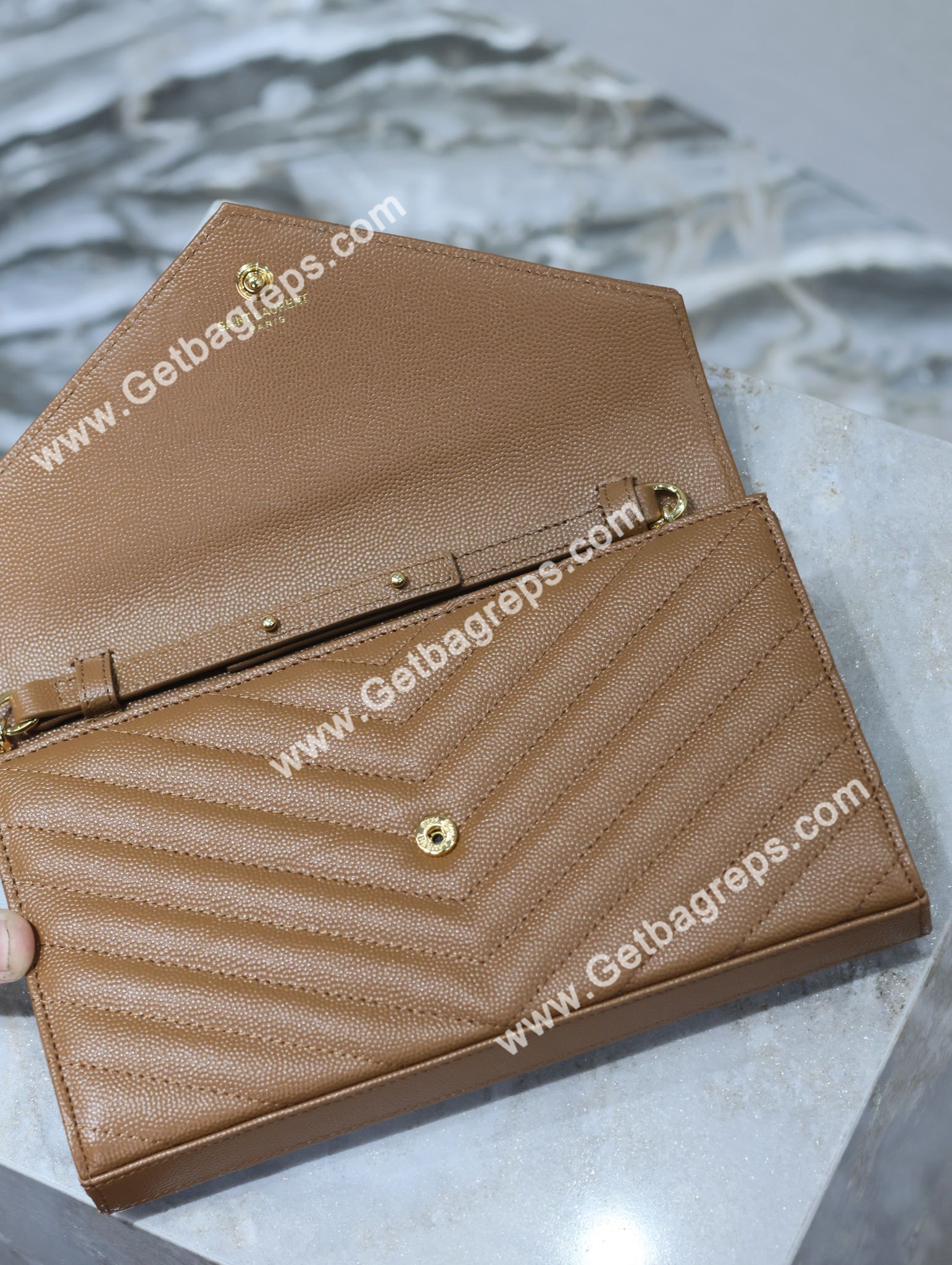 YSL Monogram Large Wallet on Chain in Grained Leather Brown 22cm