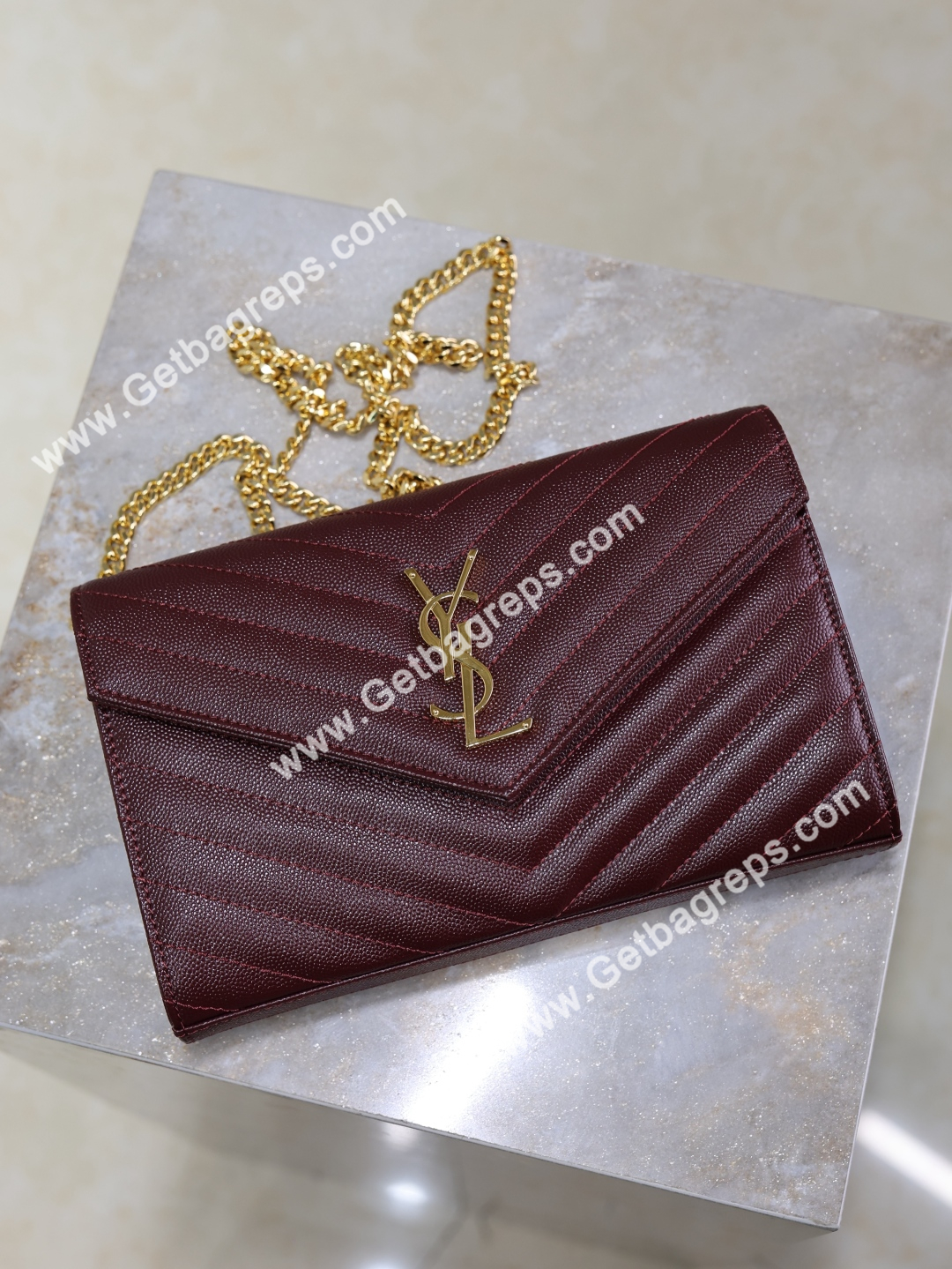 YSL Monogram Large Wallet on Chain in Grained Leather Wine 22cm