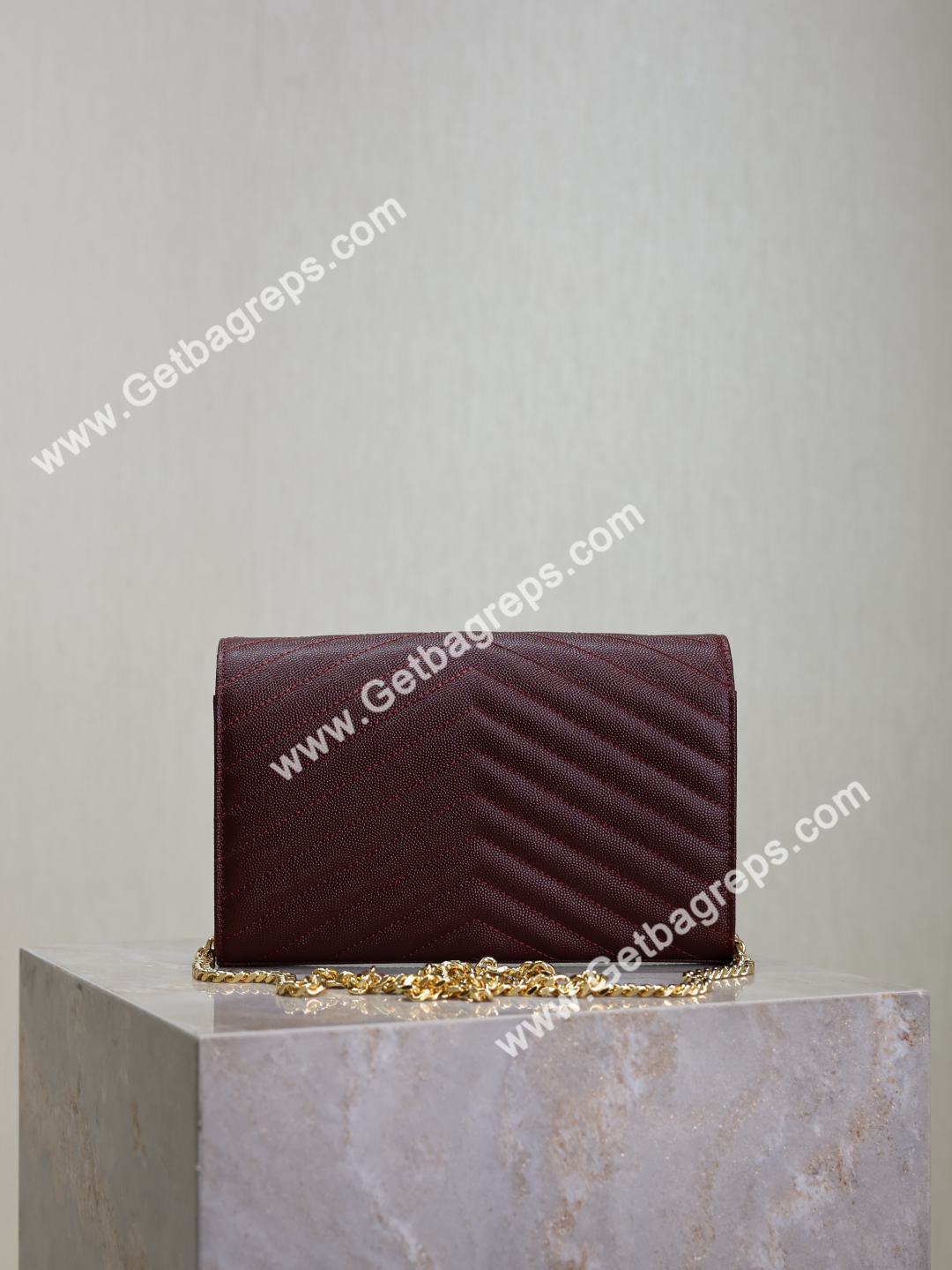 YSL Monogram Large Wallet on Chain in Grained Leather Wine 22cm