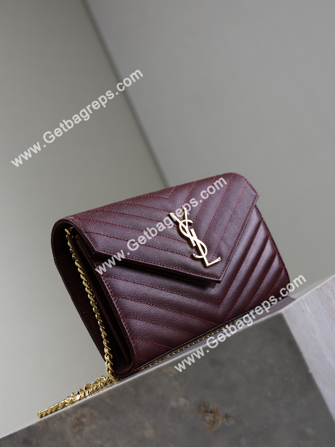 YSL Monogram Large Wallet on Chain in Grained Leather Wine 22cm