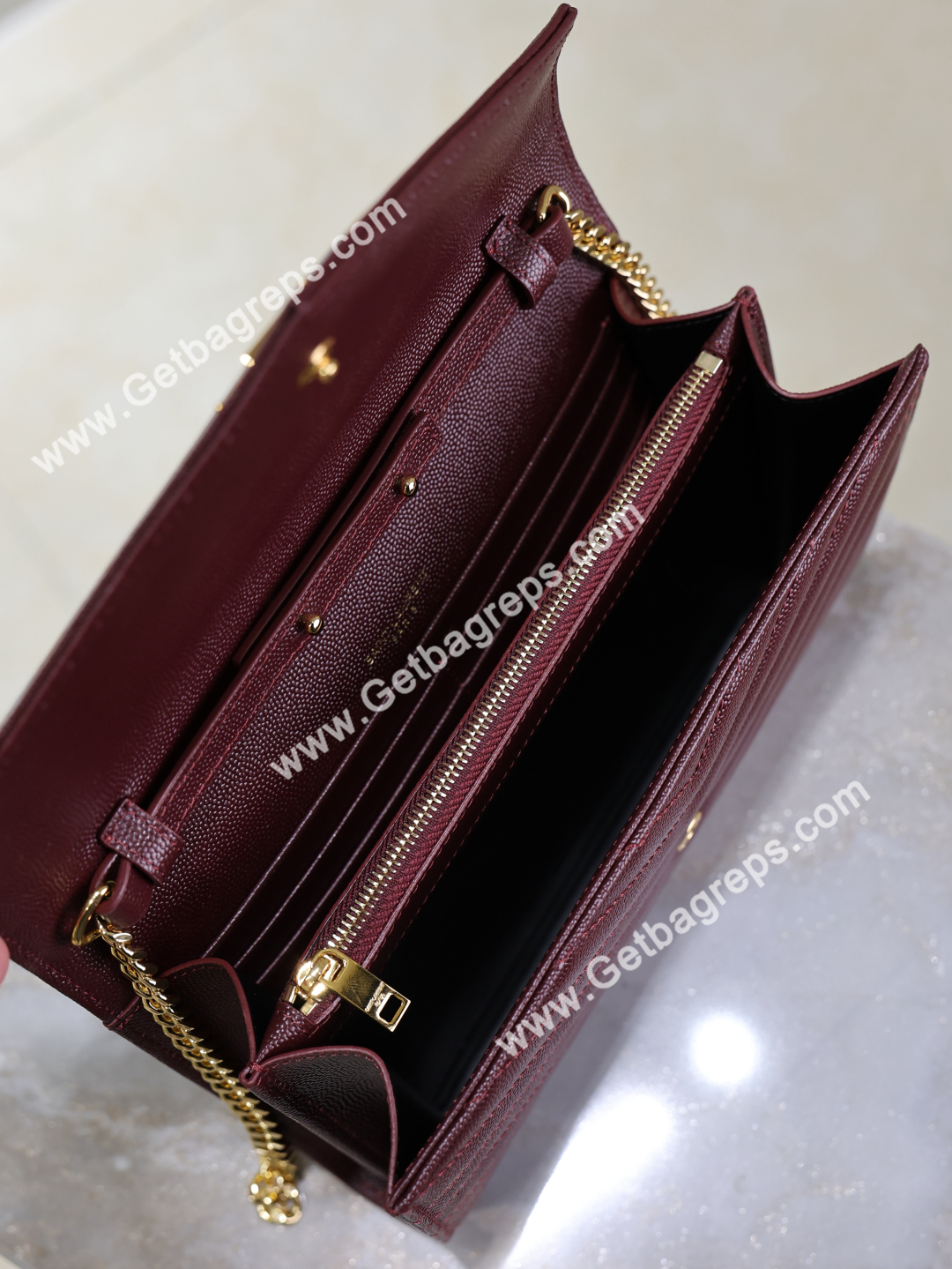 YSL Monogram Large Wallet on Chain in Grained Leather Wine 22cm