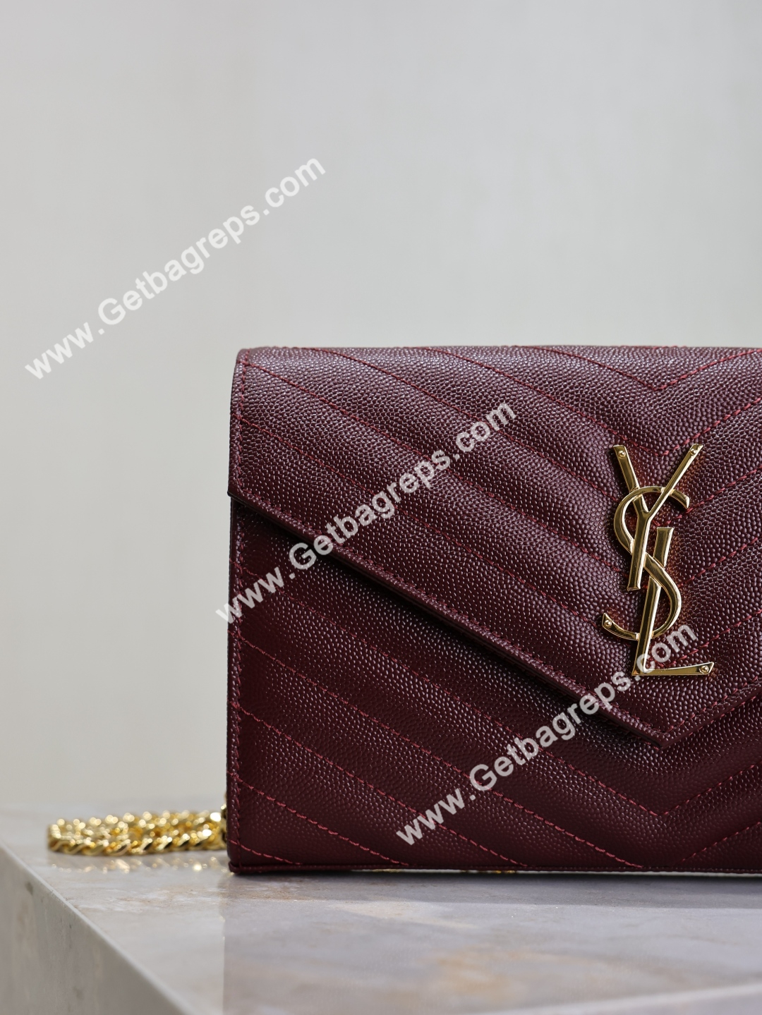 YSL Monogram Large Wallet on Chain in Grained Leather Wine 22cm