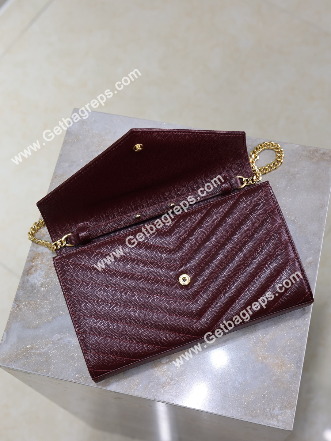 YSL Monogram Large Wallet on Chain in Grained Leather Wine 22cm