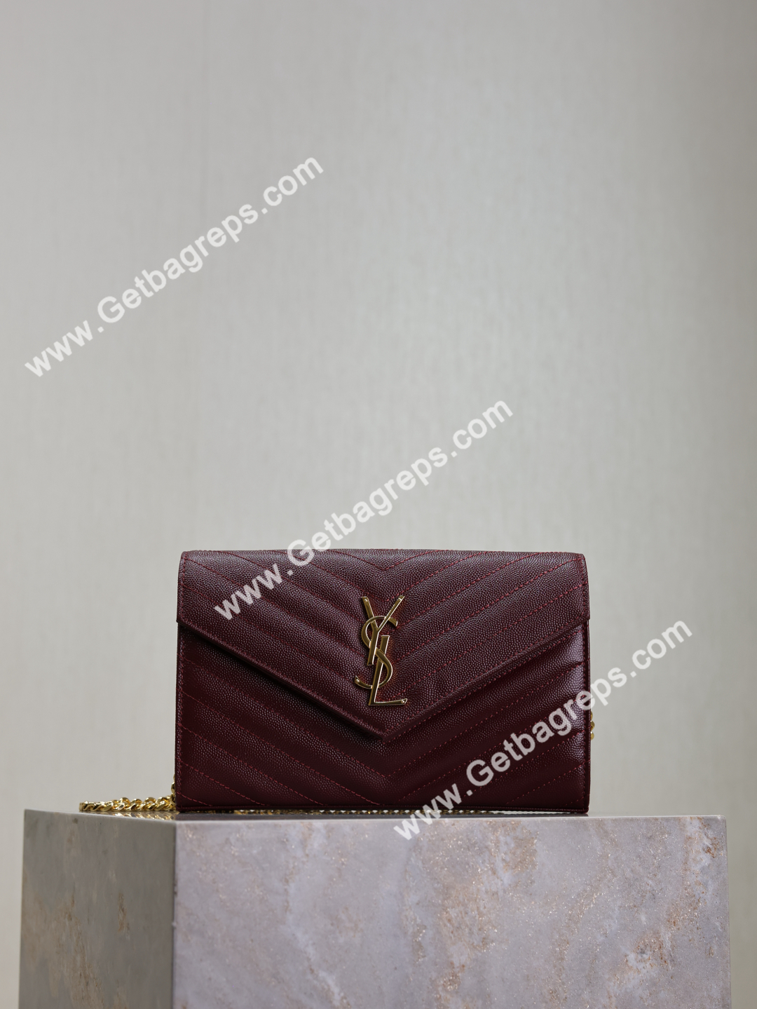 YSL Monogram Large Wallet on Chain in Grained Leather Wine 22cm