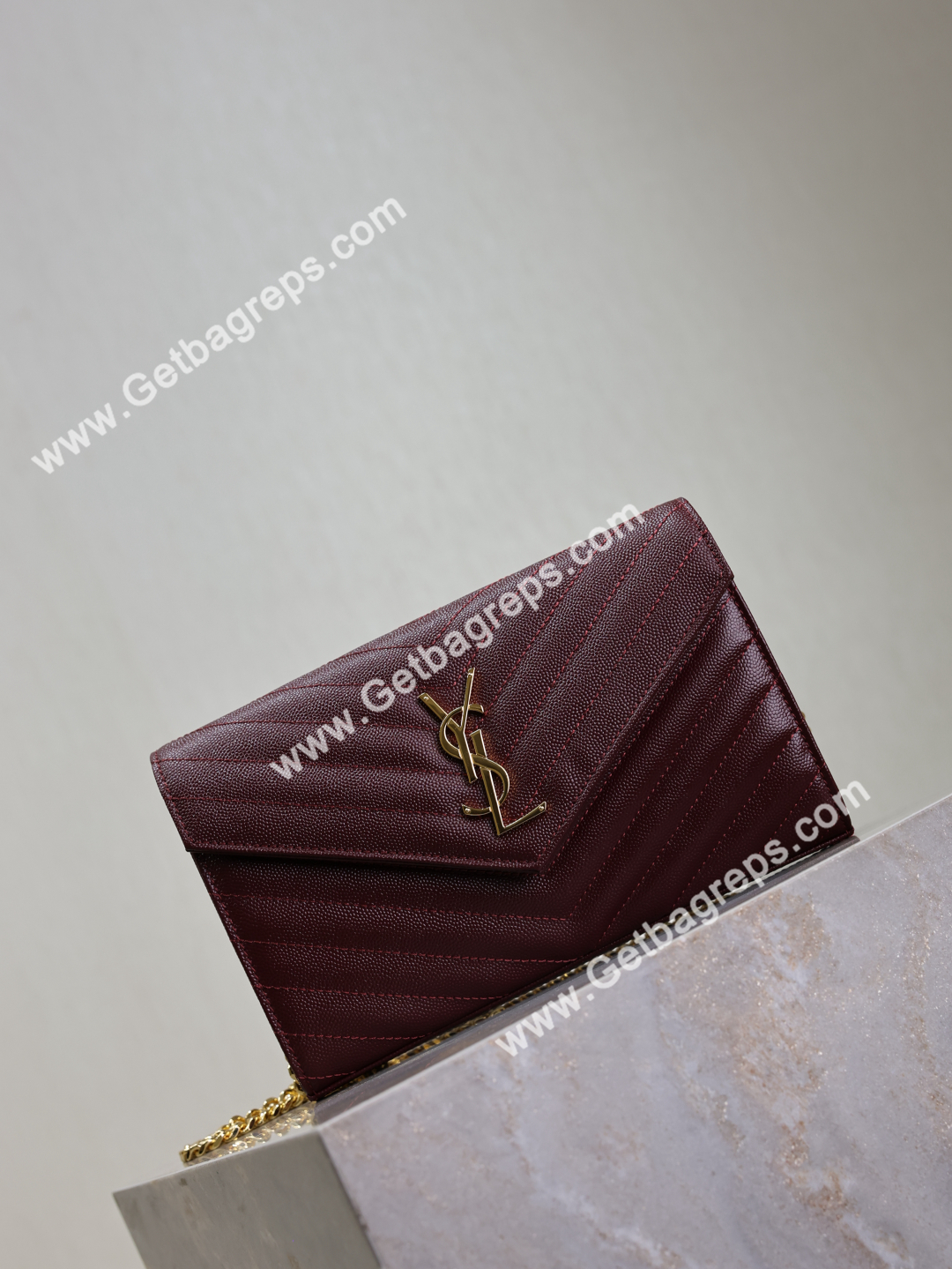 YSL Monogram Large Wallet on Chain in Grained Leather Wine 22cm