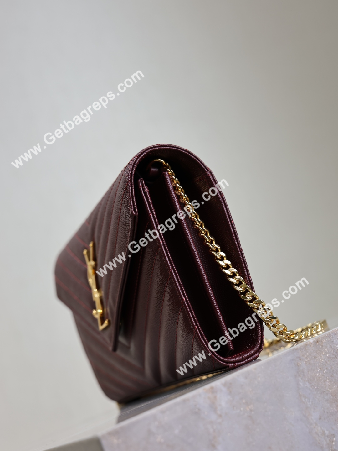 YSL Monogram Large Wallet on Chain in Grained Leather Wine 22cm