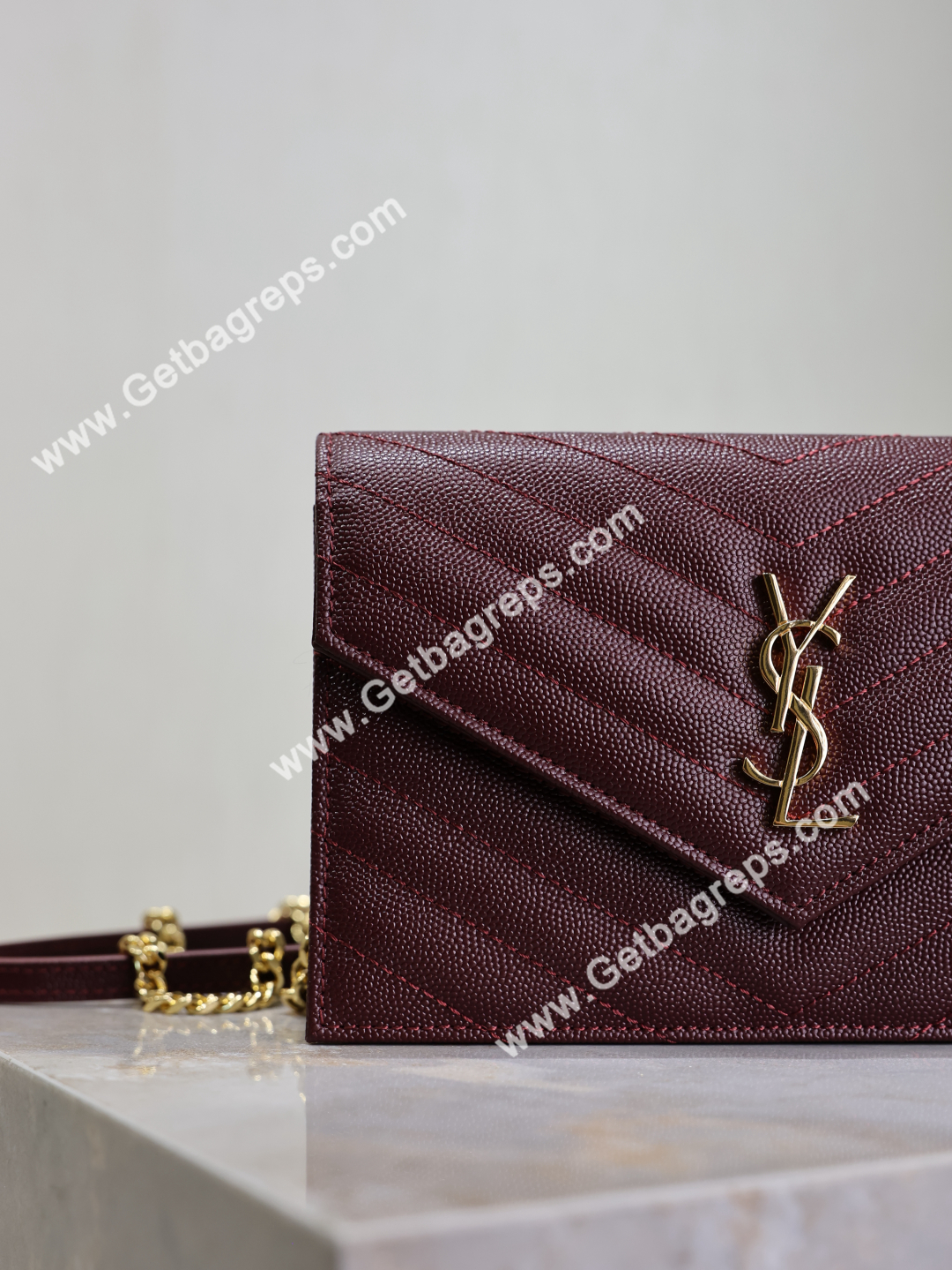 YSL Monogram Large Wallet on Chain in Grained Leather Wine