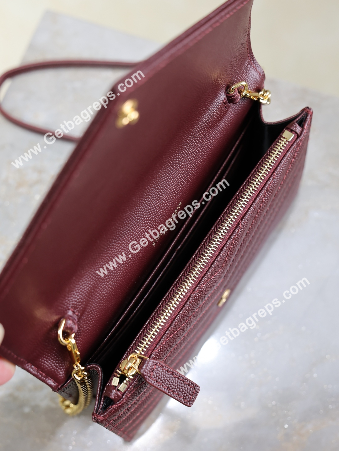 YSL Monogram Large Wallet on Chain in Grained Leather Wine