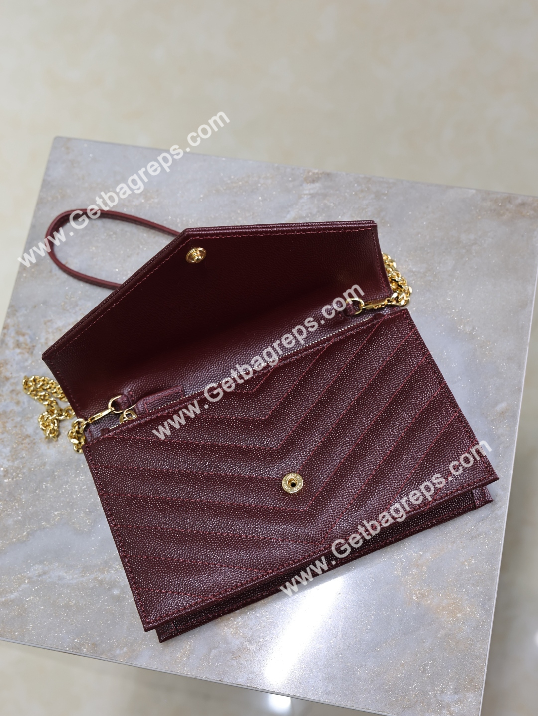 YSL Monogram Large Wallet on Chain in Grained Leather Wine