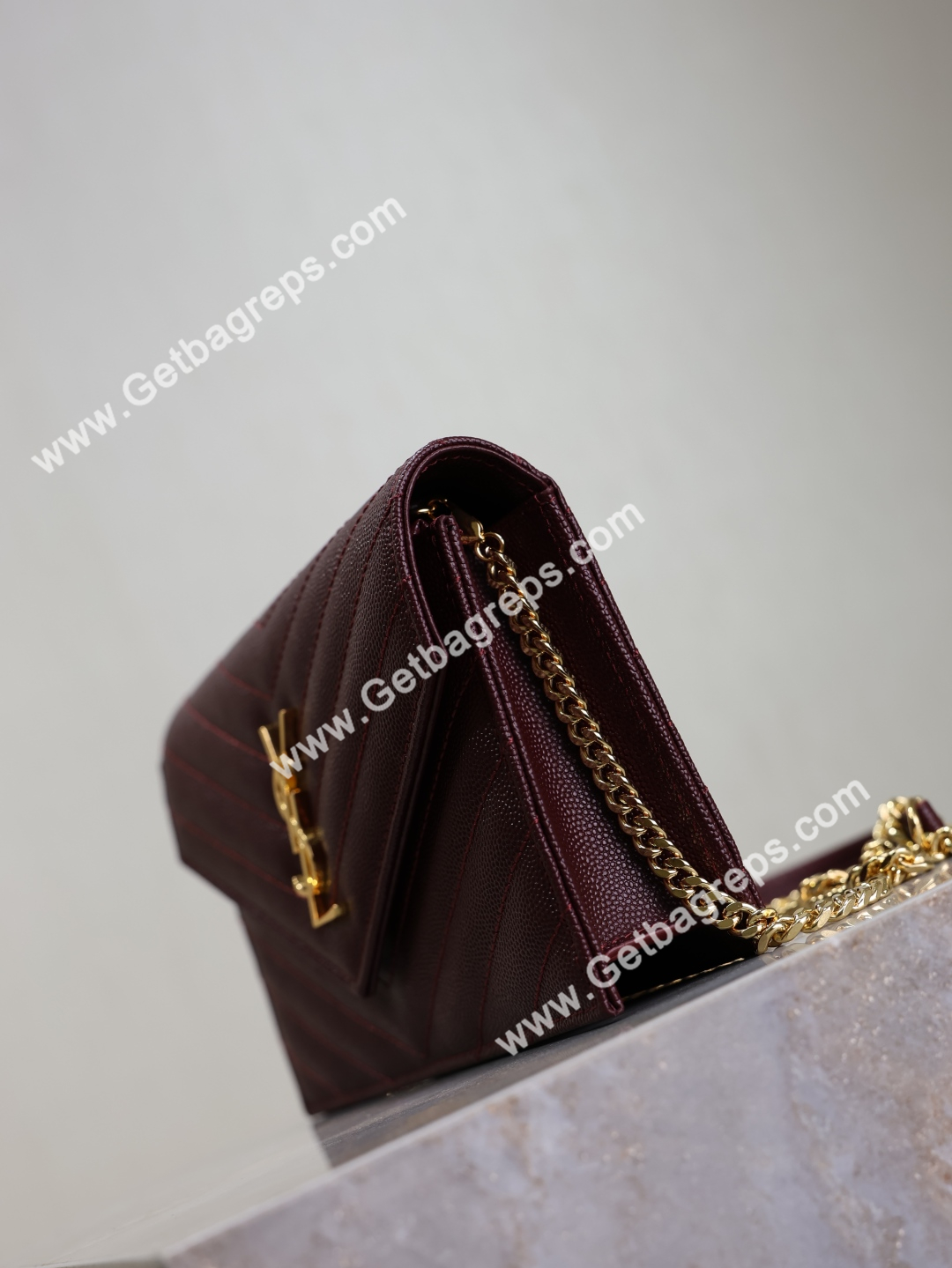 YSL Monogram Large Wallet on Chain in Grained Leather Wine