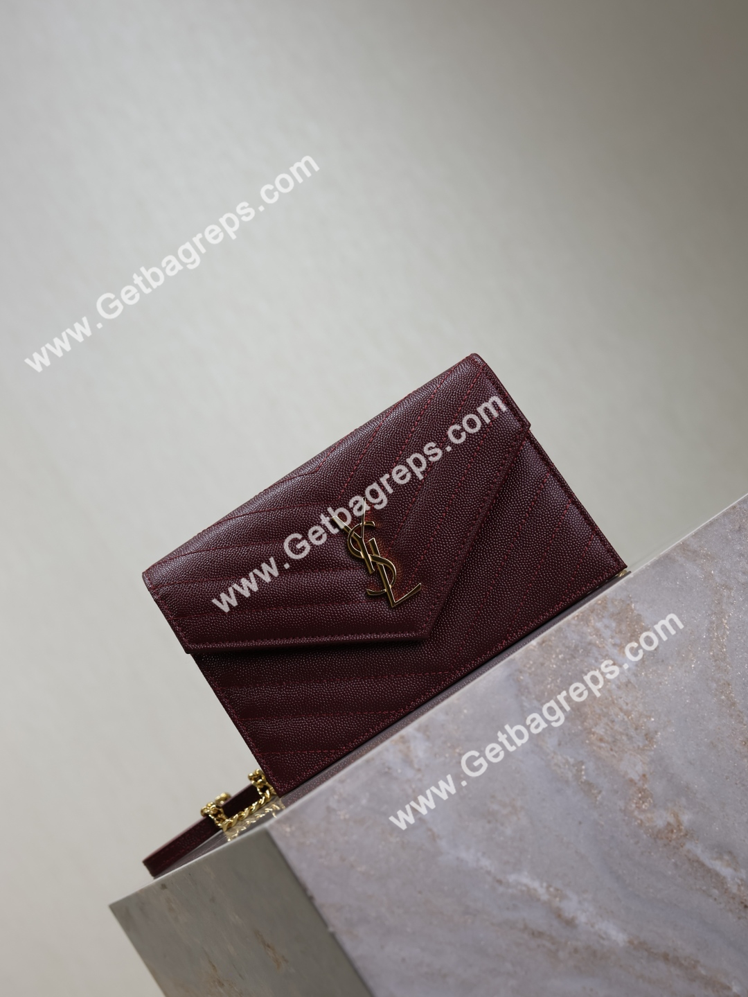 YSL Monogram Large Wallet on Chain in Grained Leather Wine