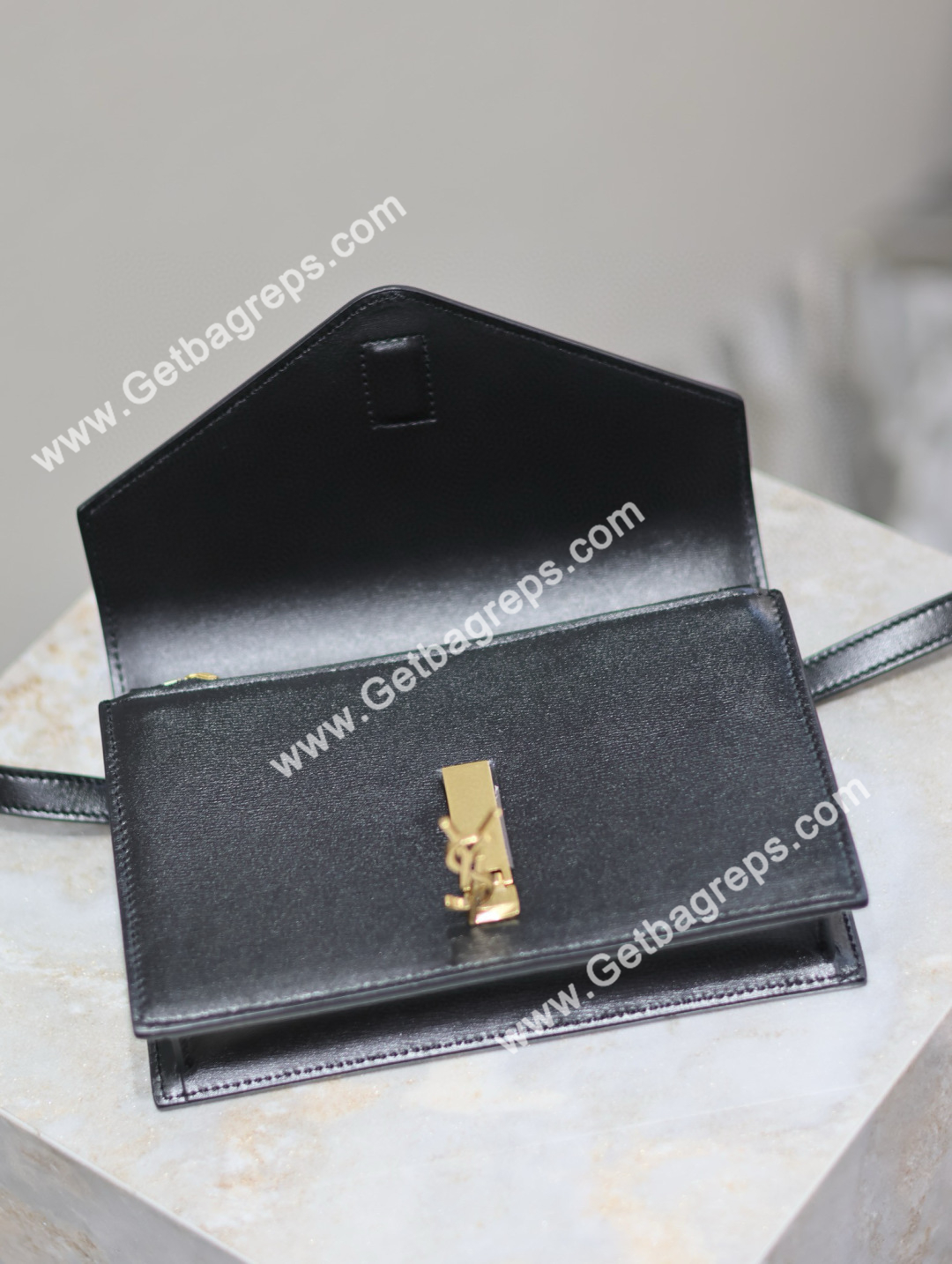 YSL Monogram Large Wallet on Chain in Leather Black