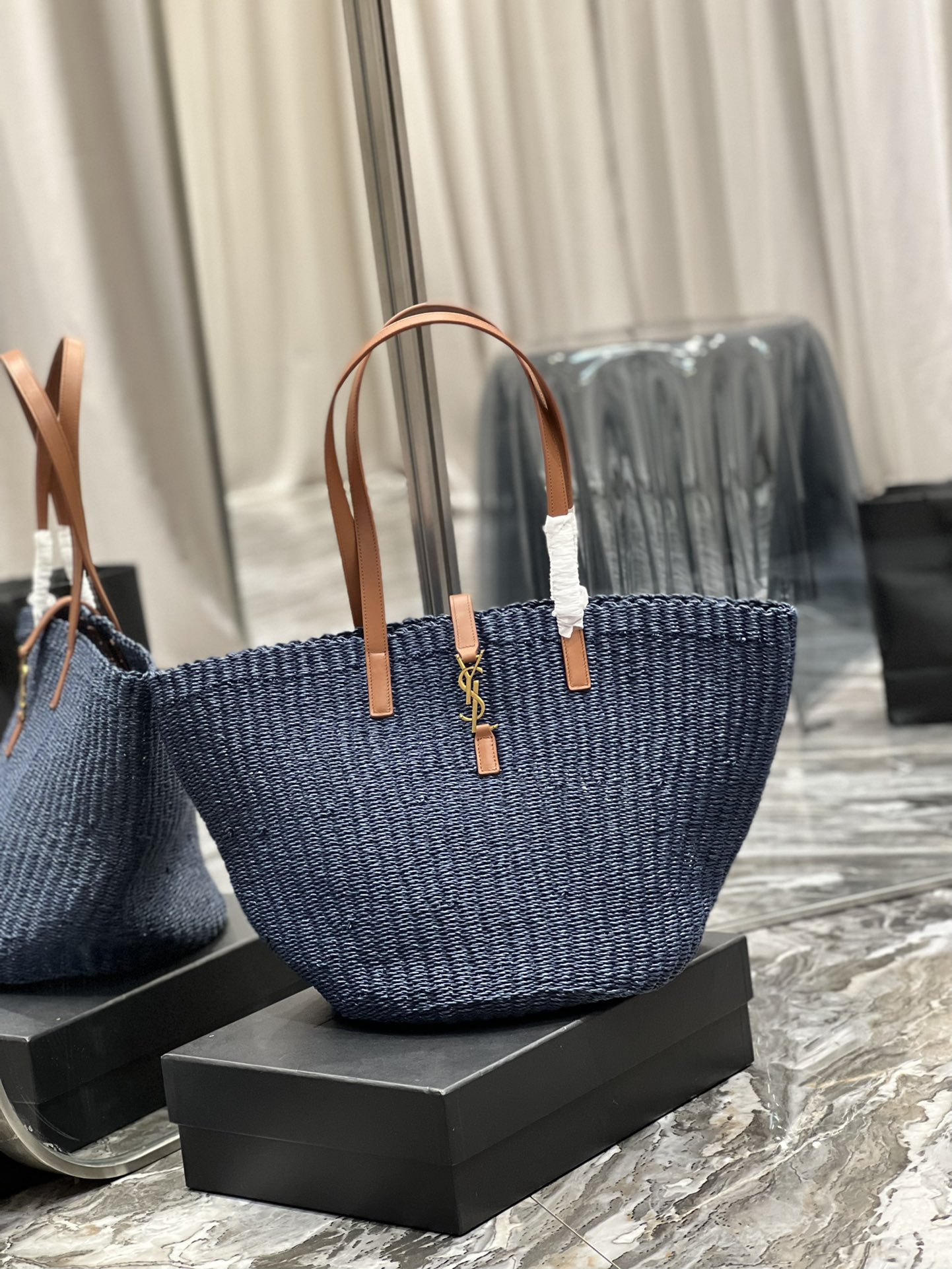 Yves Saint Laurent Large Panier Tote Bag in Raffia Blue