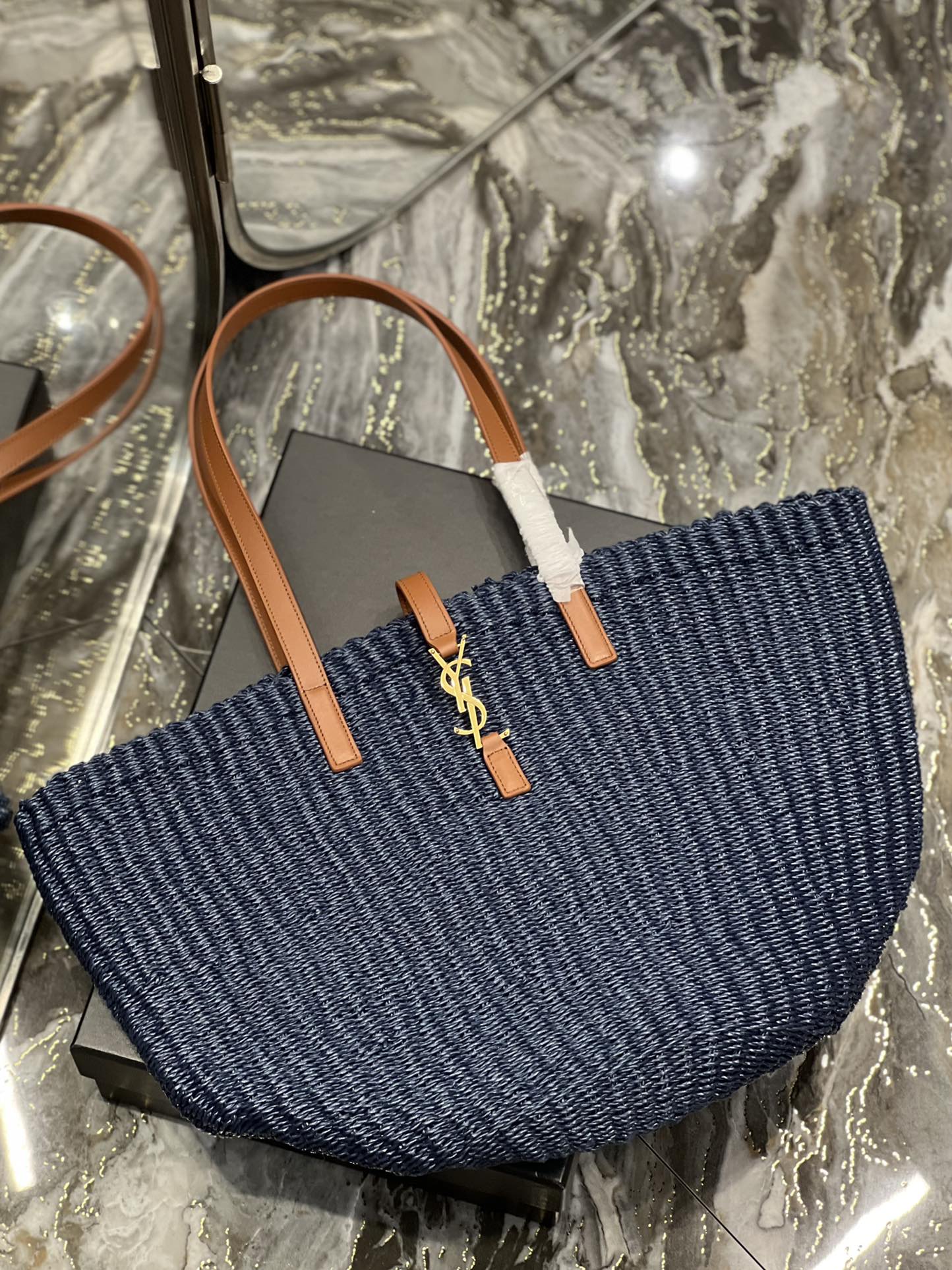 Yves Saint Laurent Large Panier Tote Bag in Raffia Blue