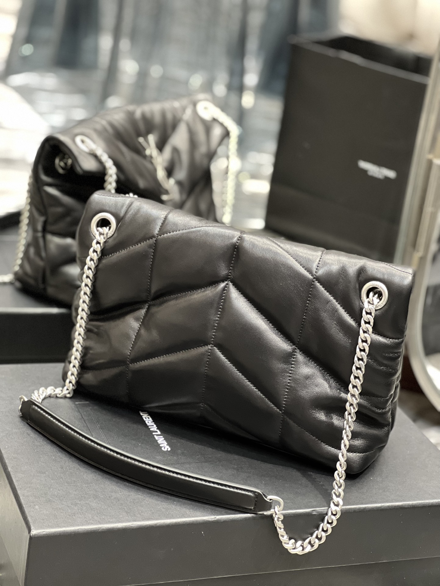 Yves Saint Laurent LouLou Puffer In Quilted Nappa Leather Black With Silver Chain