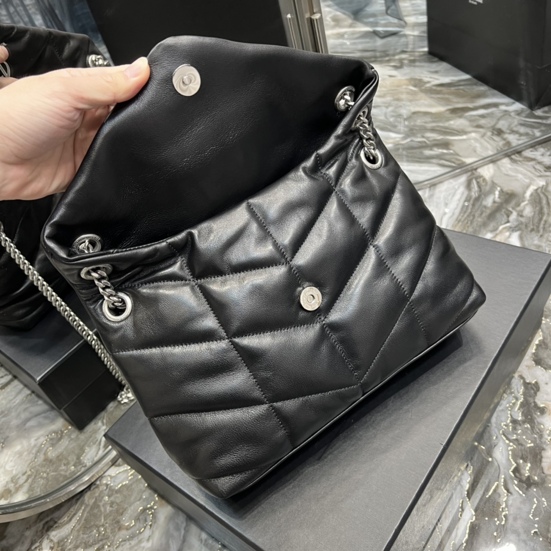 Yves Saint Laurent LouLou Puffer In Quilted Nappa Leather Black With Silver Chain