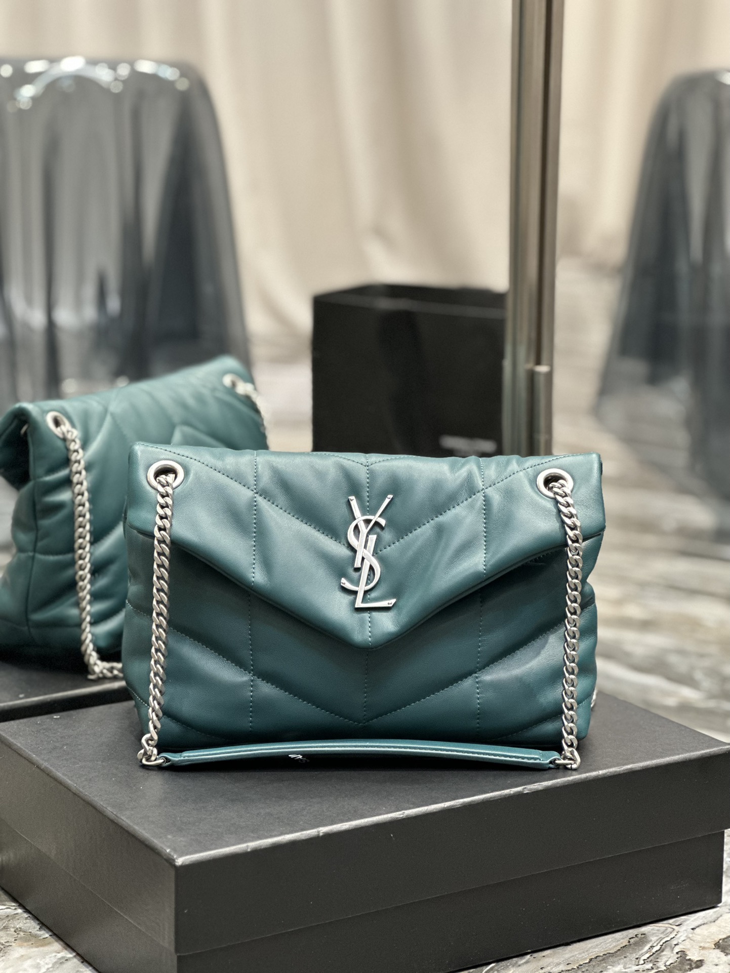 Yves Saint Laurent LouLou Small Chain Bag In Quilted Y Leather Turquoise with silver buckle