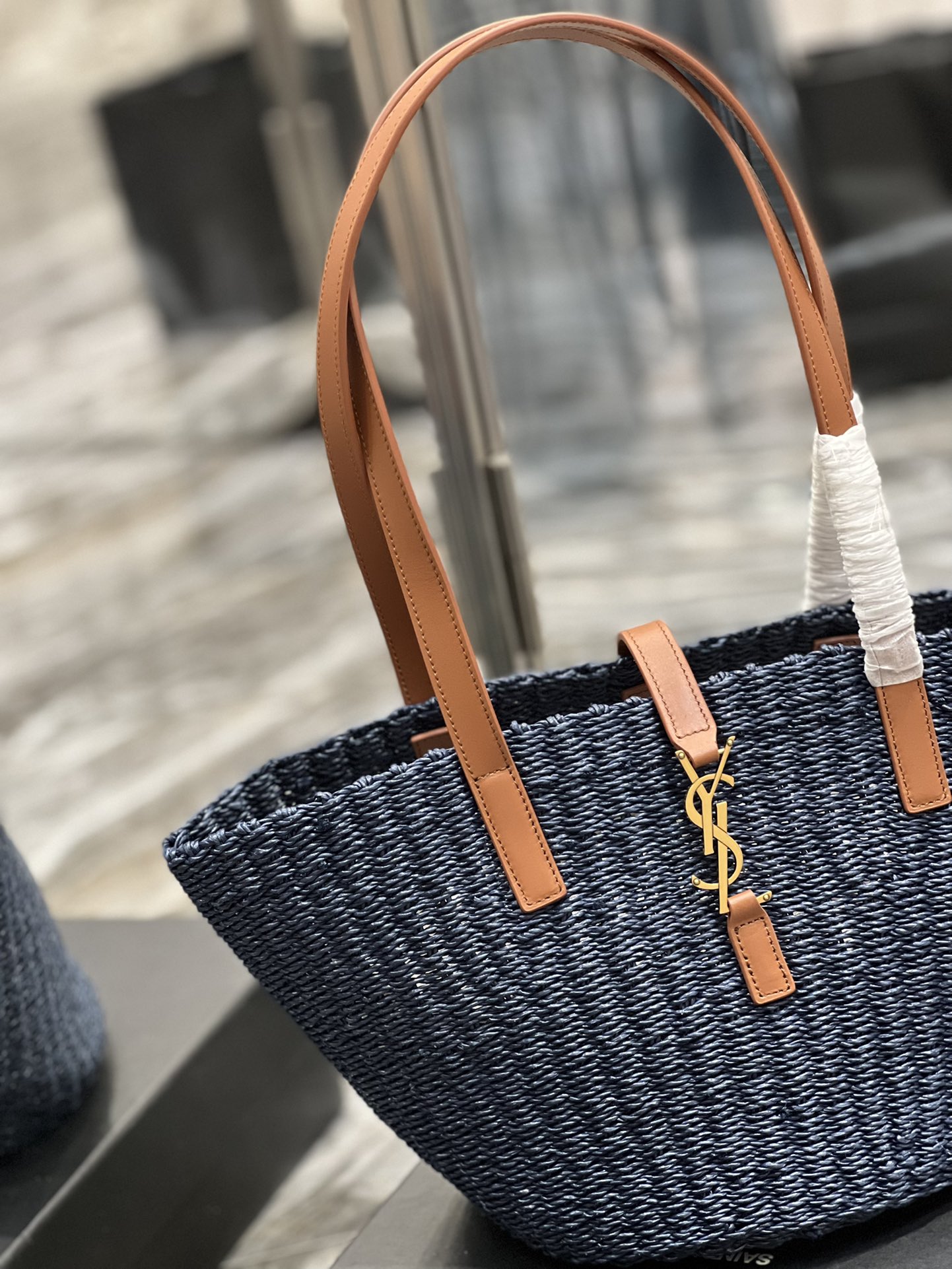 Yves Saint Laurent Medium Panier Tote Bag in Raffia Blue