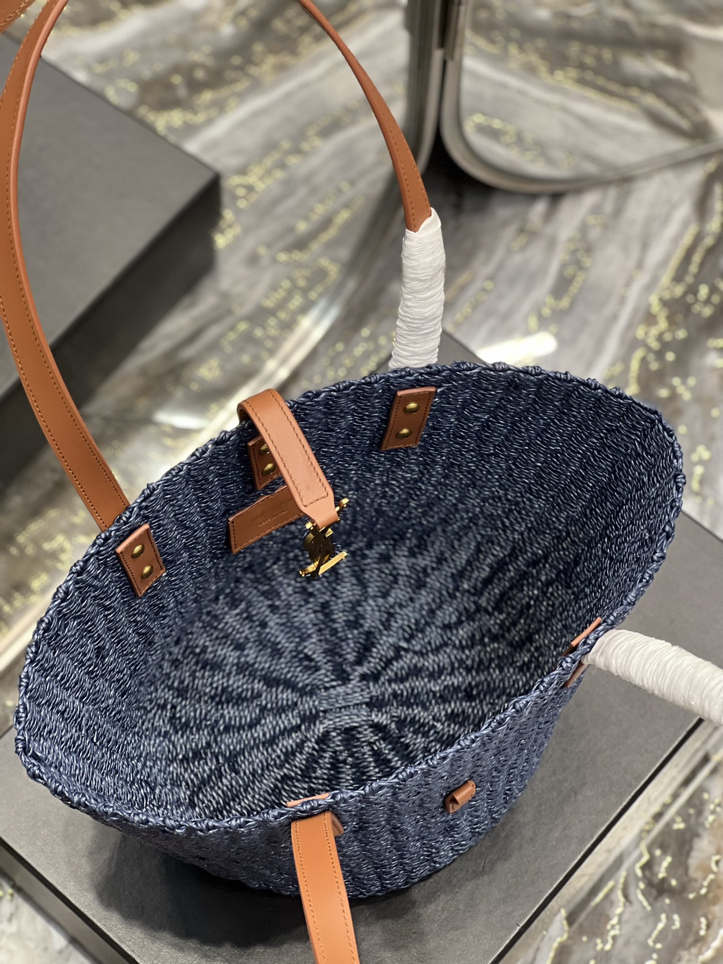 Yves Saint Laurent Medium Panier Tote Bag in Raffia Blue