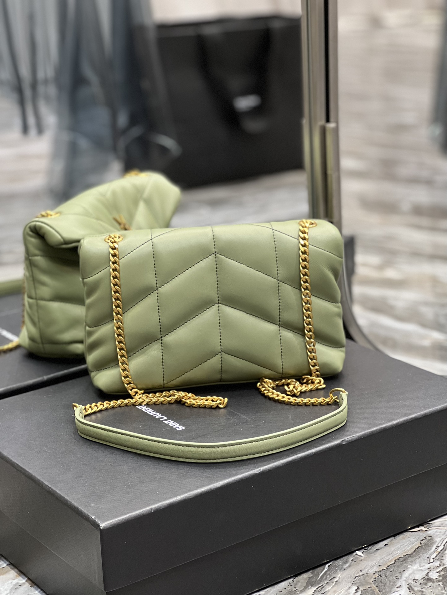 Yves Saint Laurent Mini LouLou Puffer In Quilted Nappa Leather Avocado Green With Gold Chain