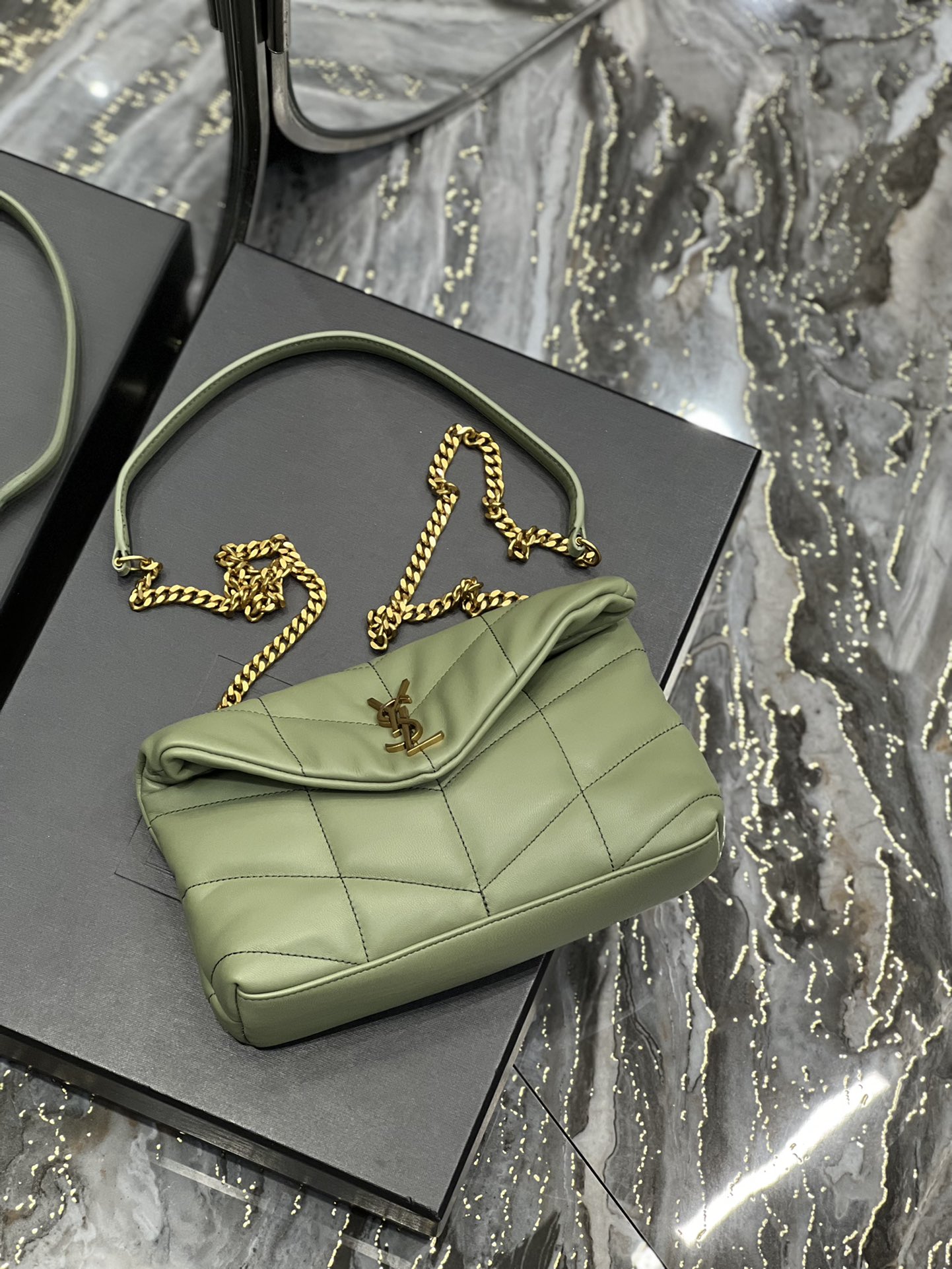 Yves Saint Laurent Mini LouLou Puffer In Quilted Nappa Leather Avocado Green With Gold Chain