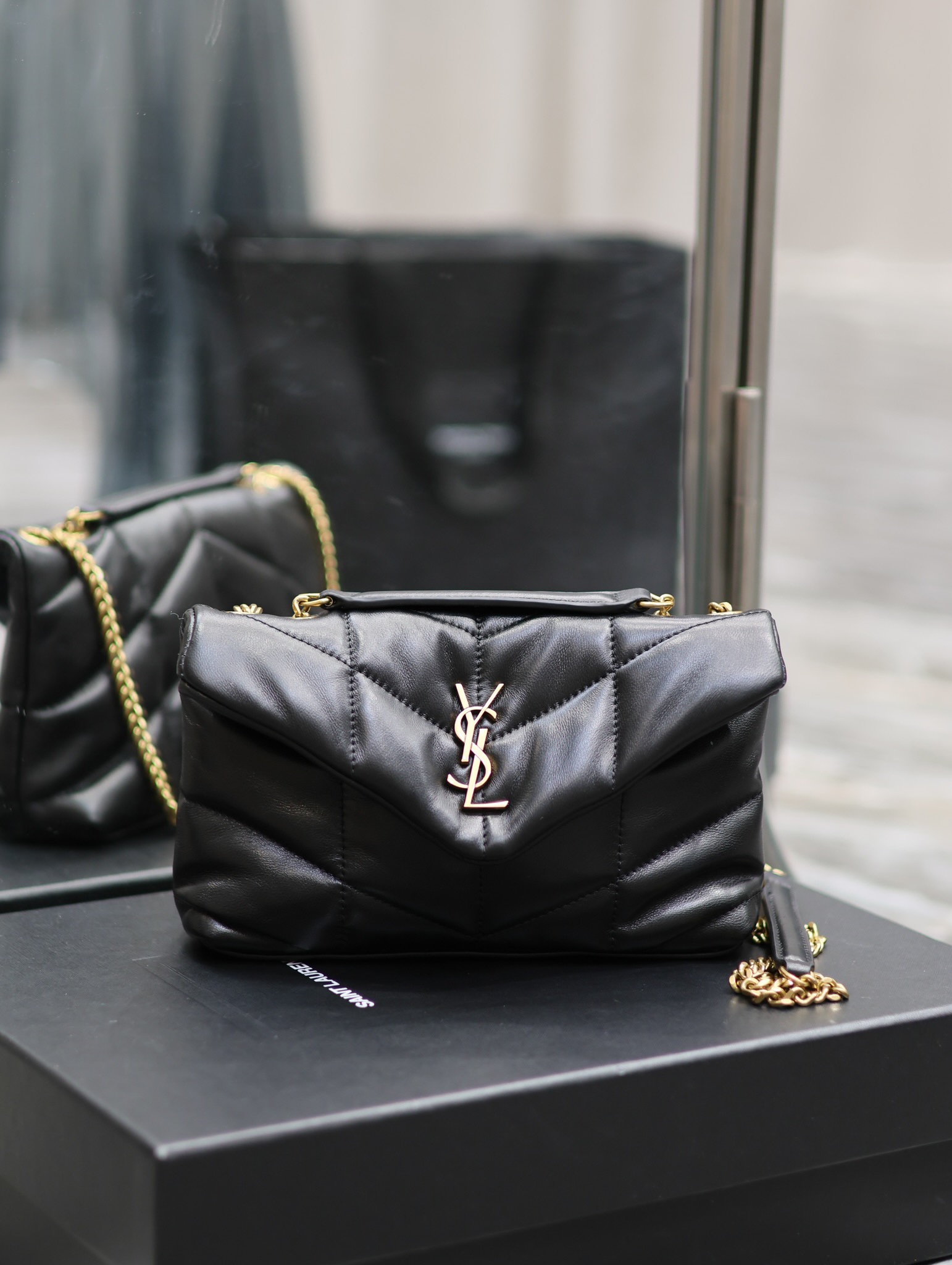 Yves Saint Laurent Mini LouLou Puffer In Quilted Nappa Leather Black With Gold Chain