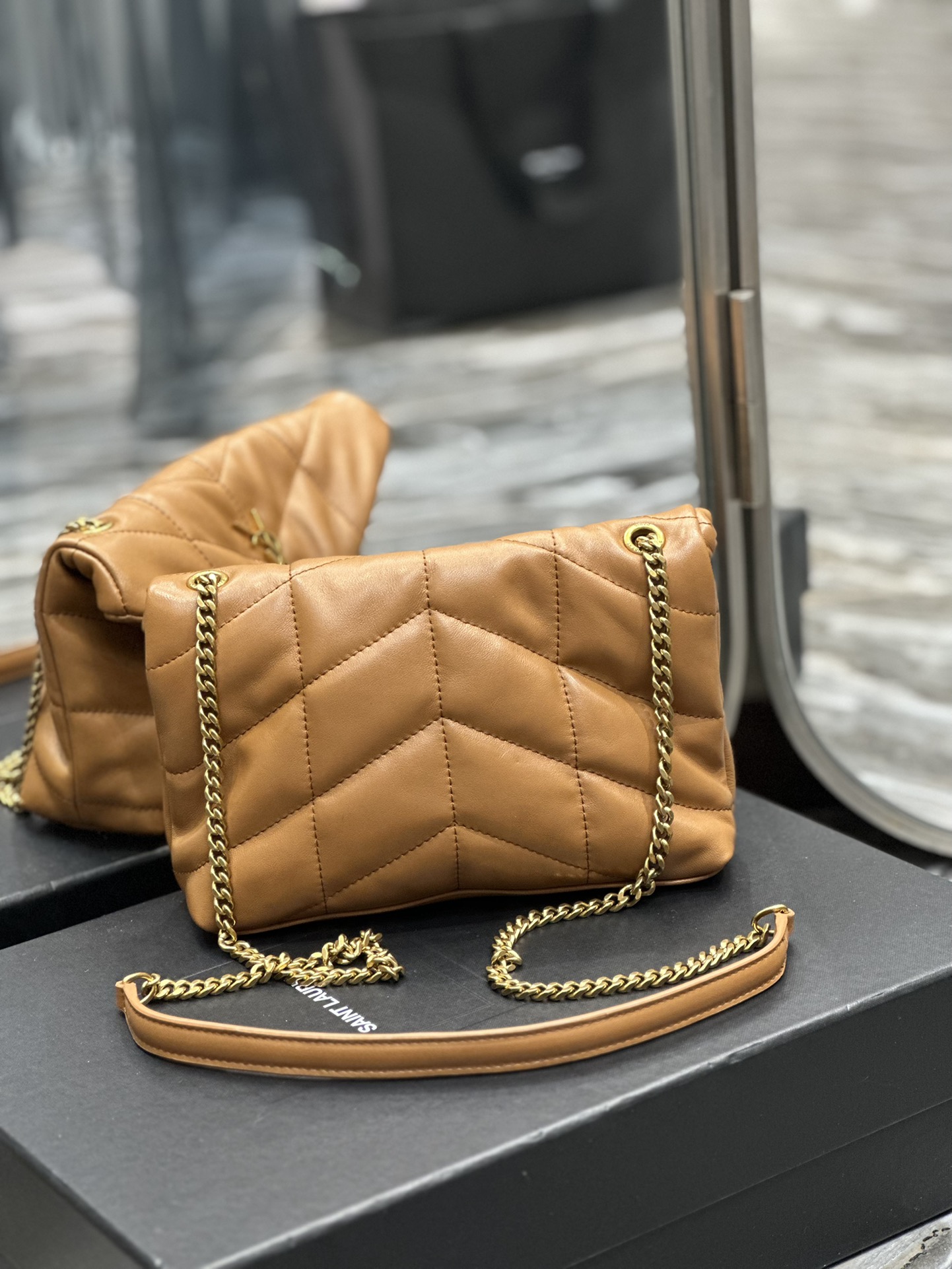 Yves Saint Laurent Mini LouLou Puffer In Quilted Nappa Leather Caramel With Gold Chain