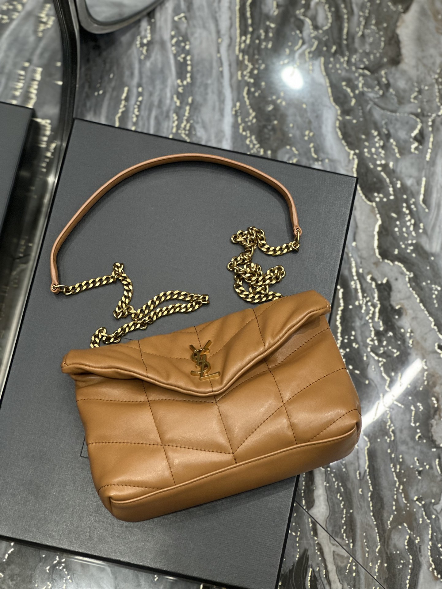 Yves Saint Laurent Mini LouLou Puffer In Quilted Nappa Leather Caramel With Gold Chain