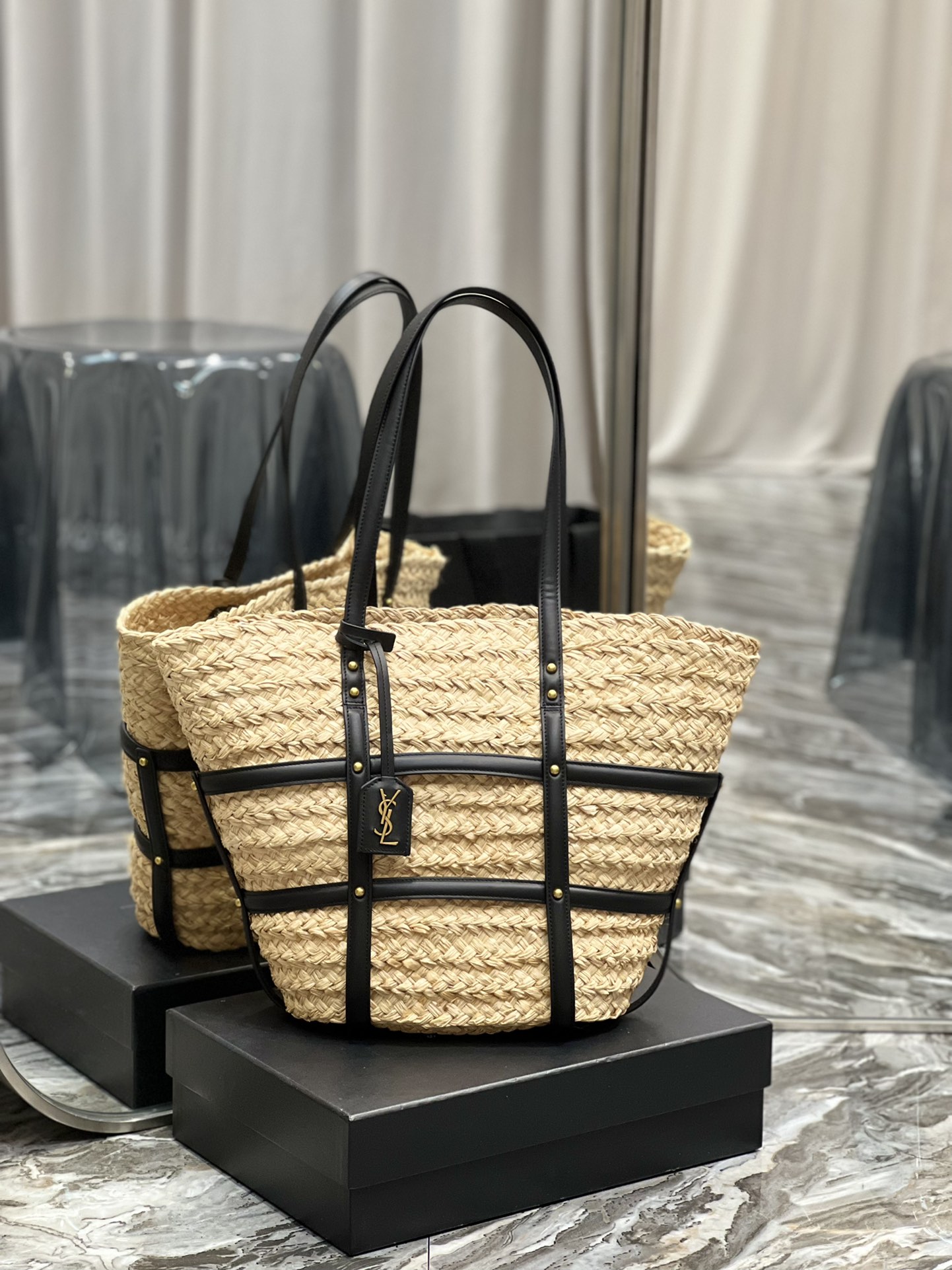 Yves Saint Laurent Panier Studded Leather-trimmed Woven Raffia Tote