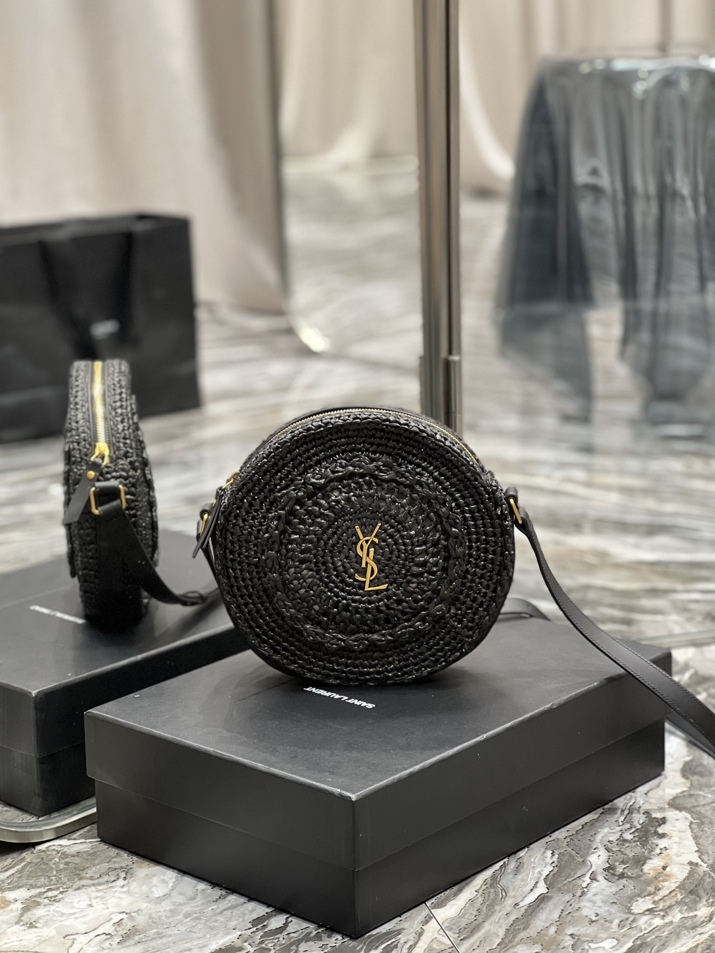 Yves Saint Laurent Round Camera Bag in Raffia Black