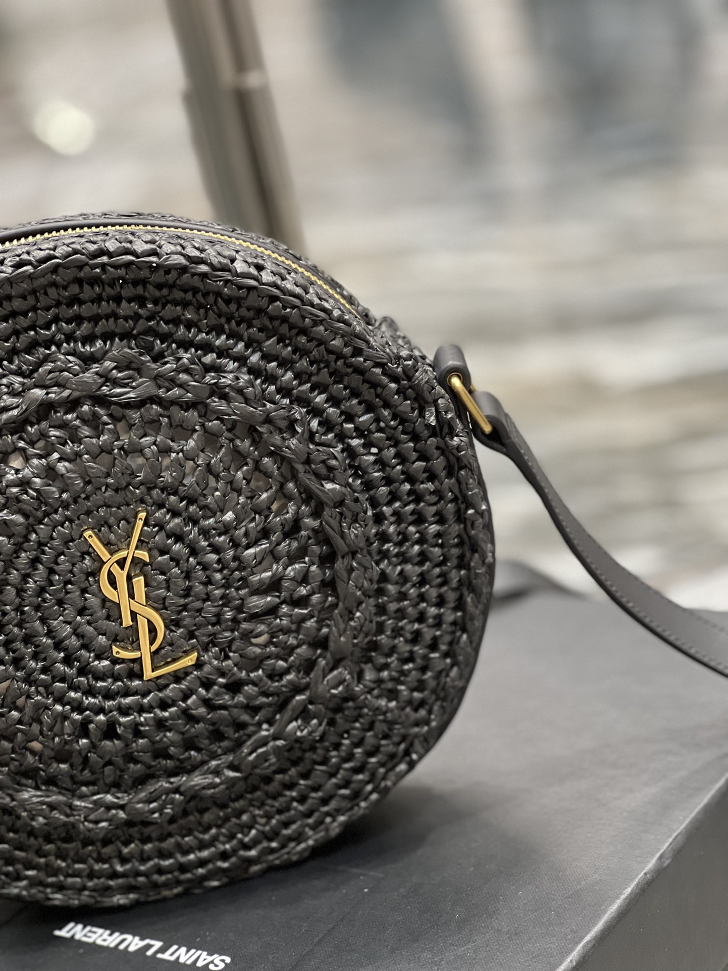 Yves Saint Laurent Round Camera Bag in Raffia Black