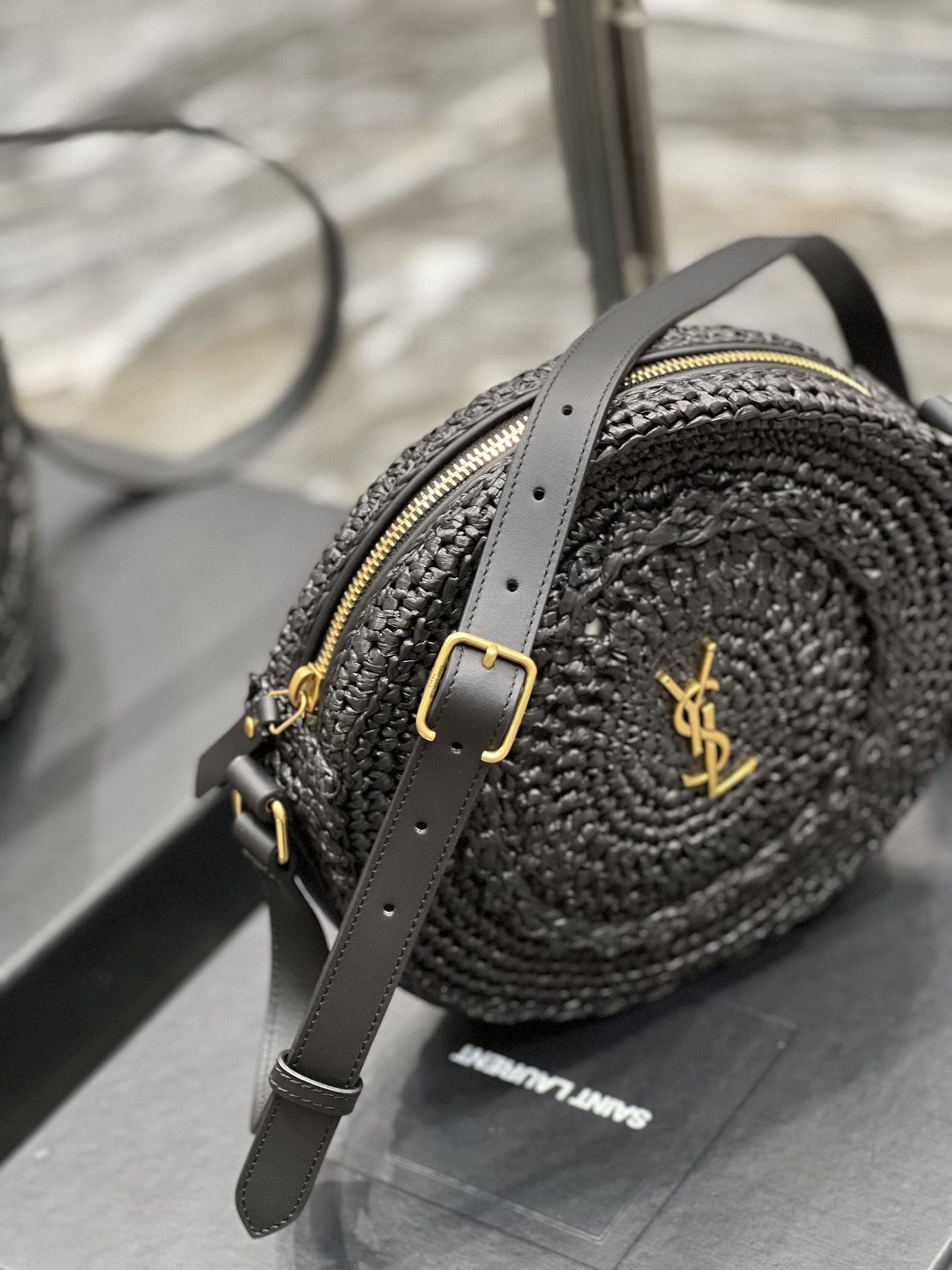 Yves Saint Laurent Round Camera Bag in Raffia Black