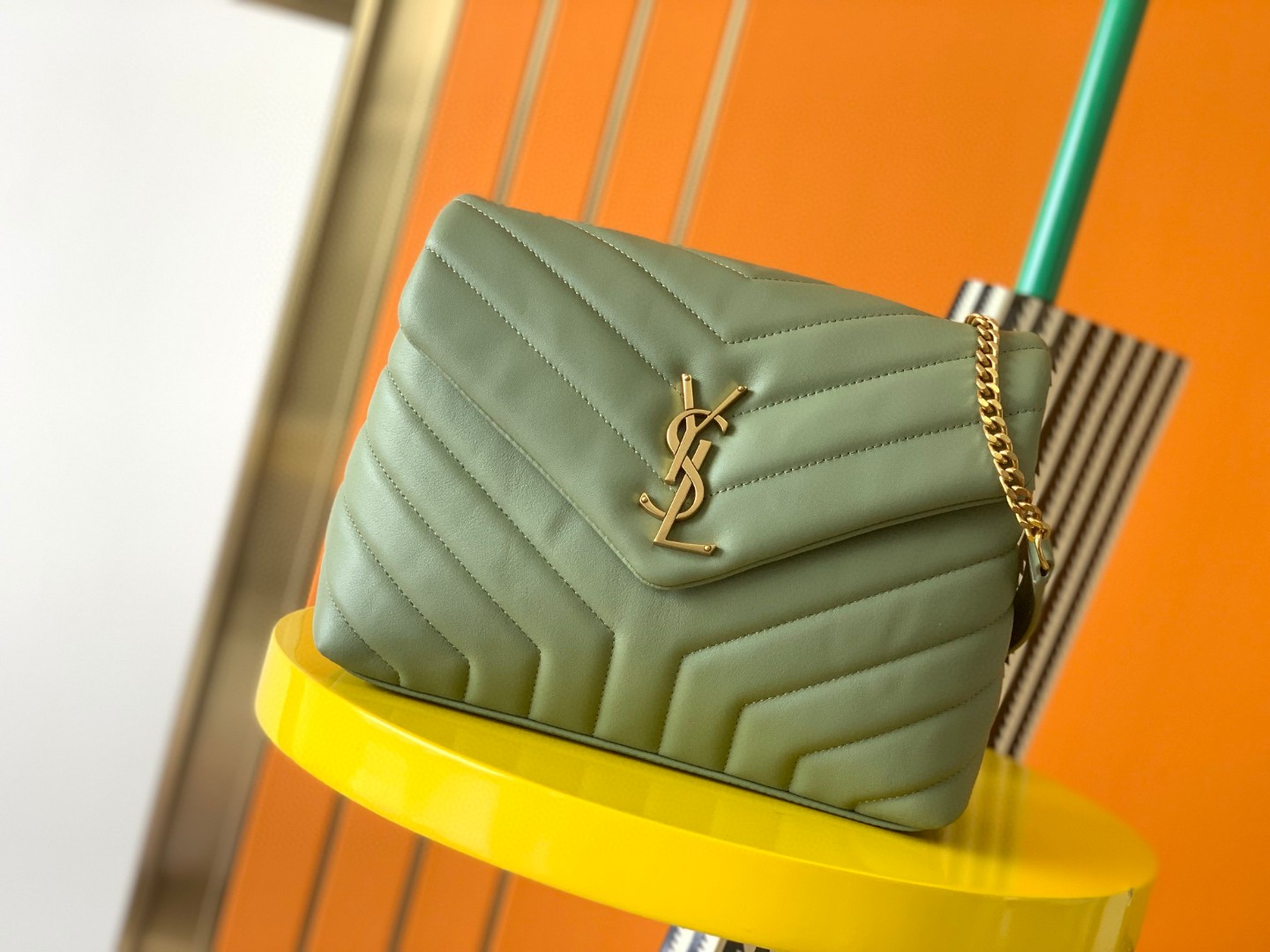 Yves Saint Laurent Small LouLou In Quilted Leather Green With Gold Chain 25cm