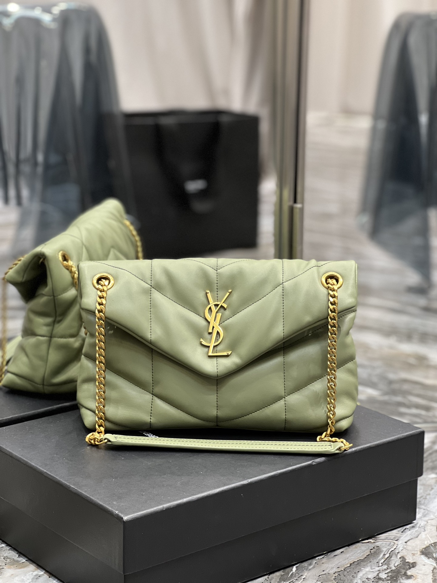 Yves Saint Laurent Small LouLou Puffer In Quilted Nappa Leather Avocado Green With Gold Chain