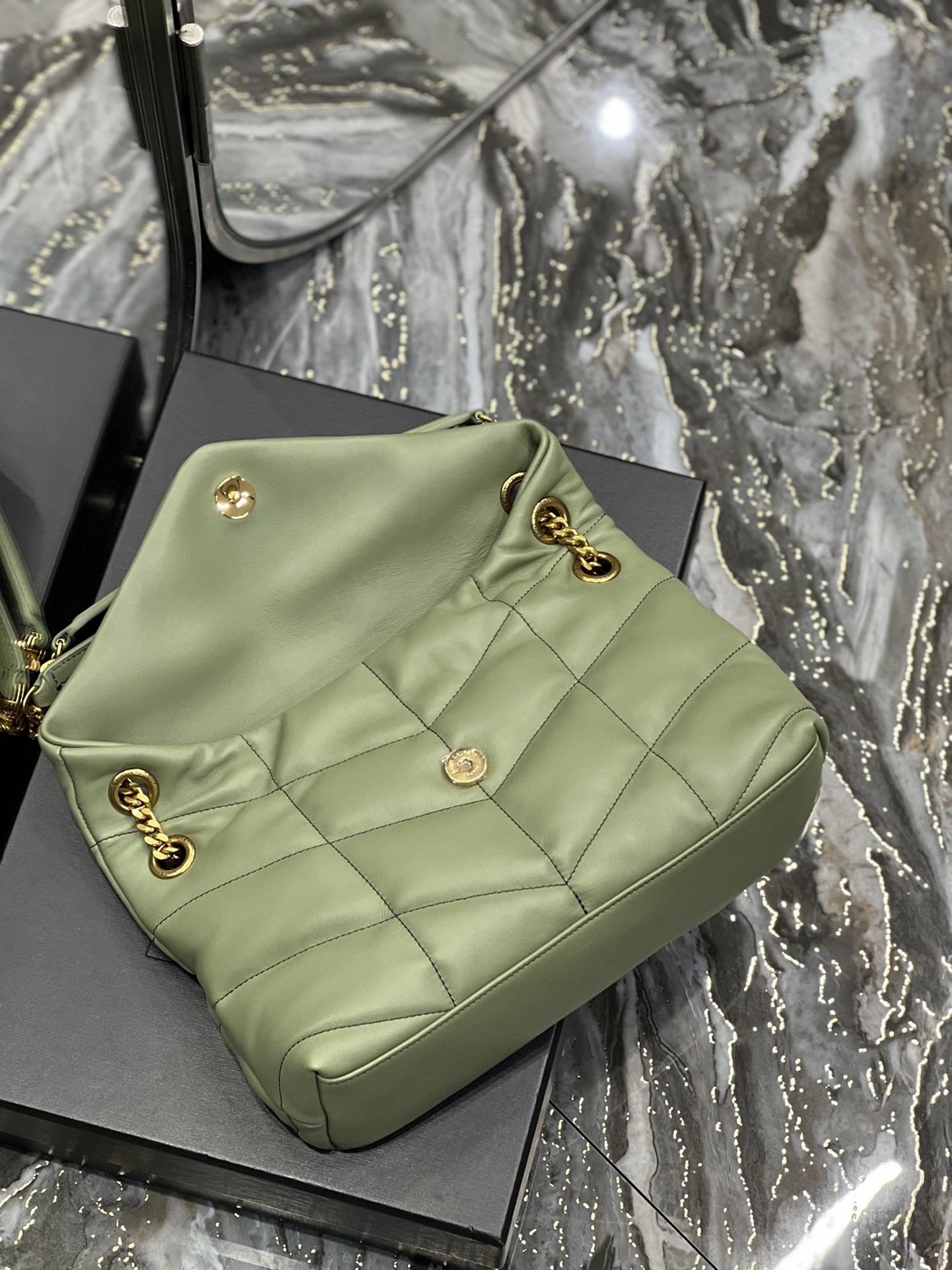 Yves Saint Laurent Small LouLou Puffer In Quilted Nappa Leather Avocado Green With Gold Chain