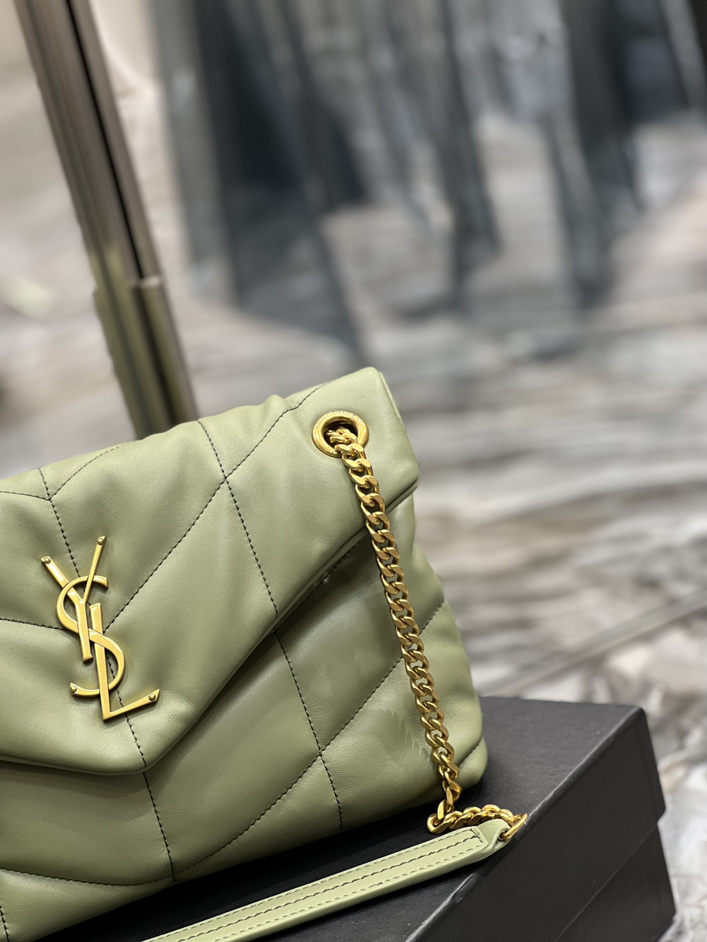 Yves Saint Laurent Small LouLou Puffer In Quilted Nappa Leather Avocado Green With Gold Chain