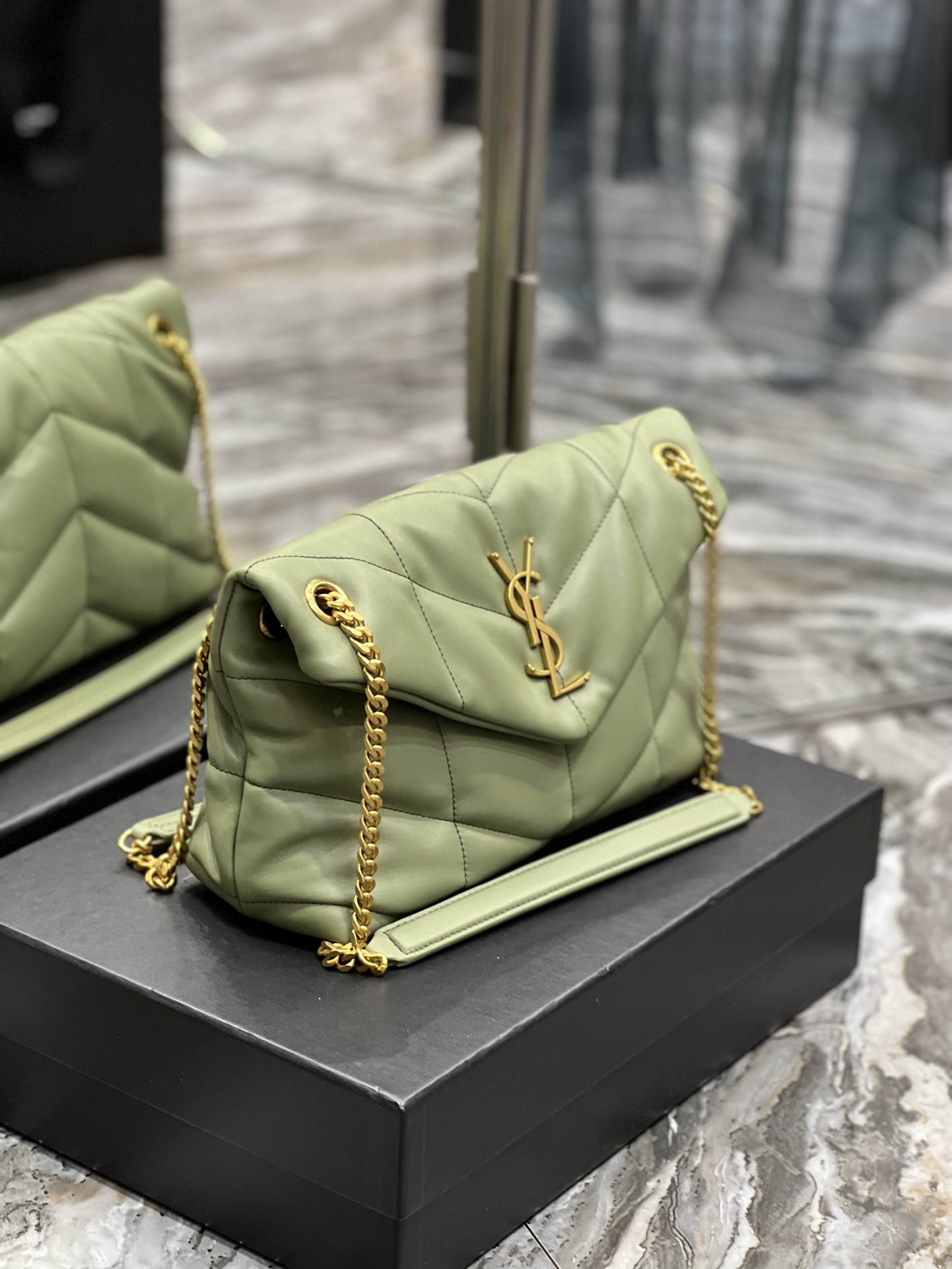 Yves Saint Laurent Small LouLou Puffer In Quilted Nappa Leather Avocado Green With Gold Chain