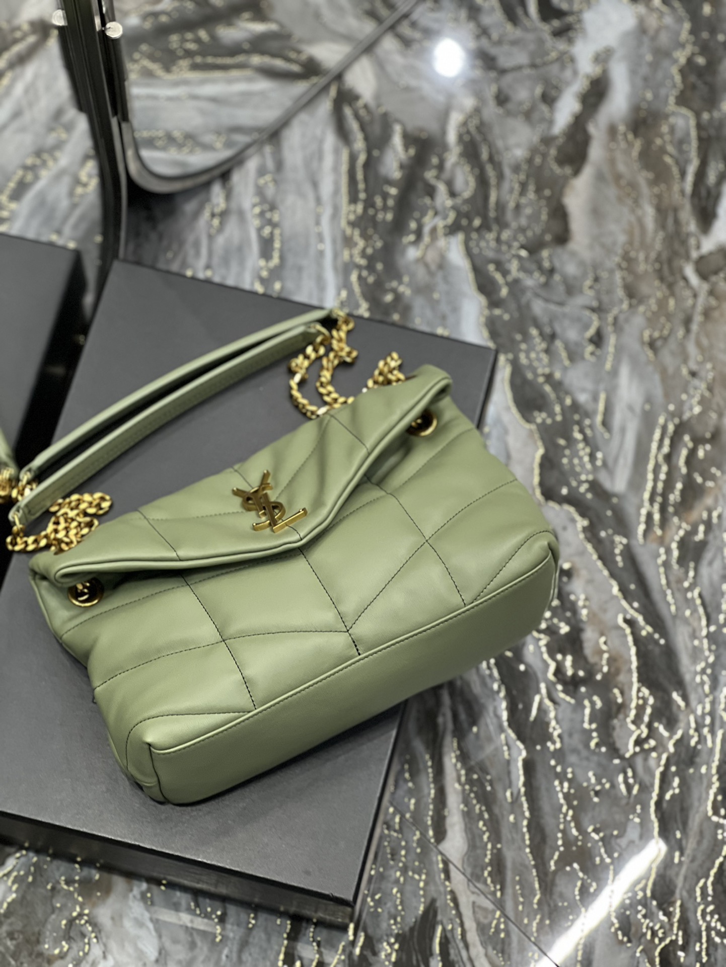 Yves Saint Laurent Small LouLou Puffer In Quilted Nappa Leather Avocado Green With Gold Chain