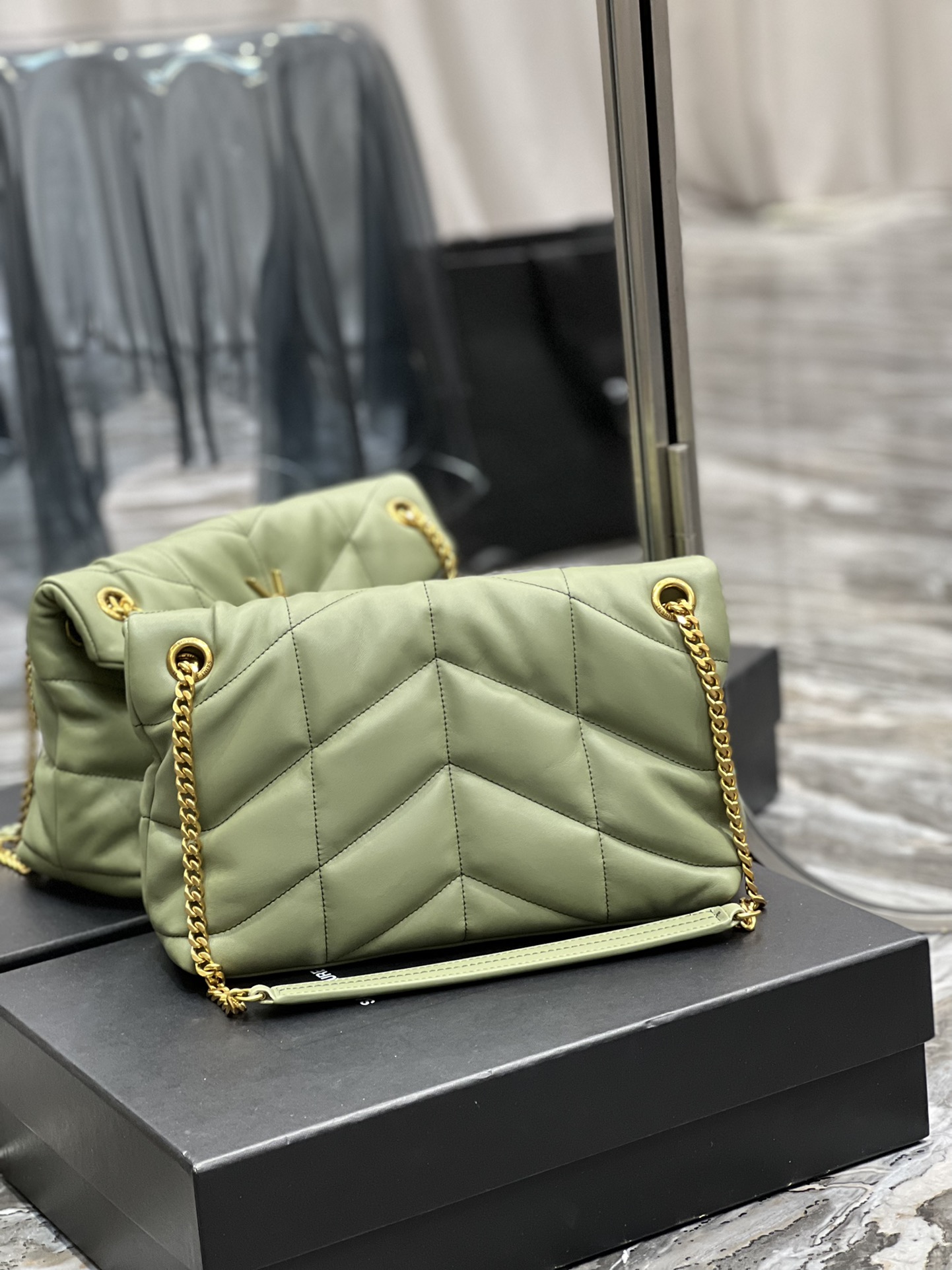 Yves Saint Laurent Small LouLou Puffer In Quilted Nappa Leather Avocado Green With Gold Chain