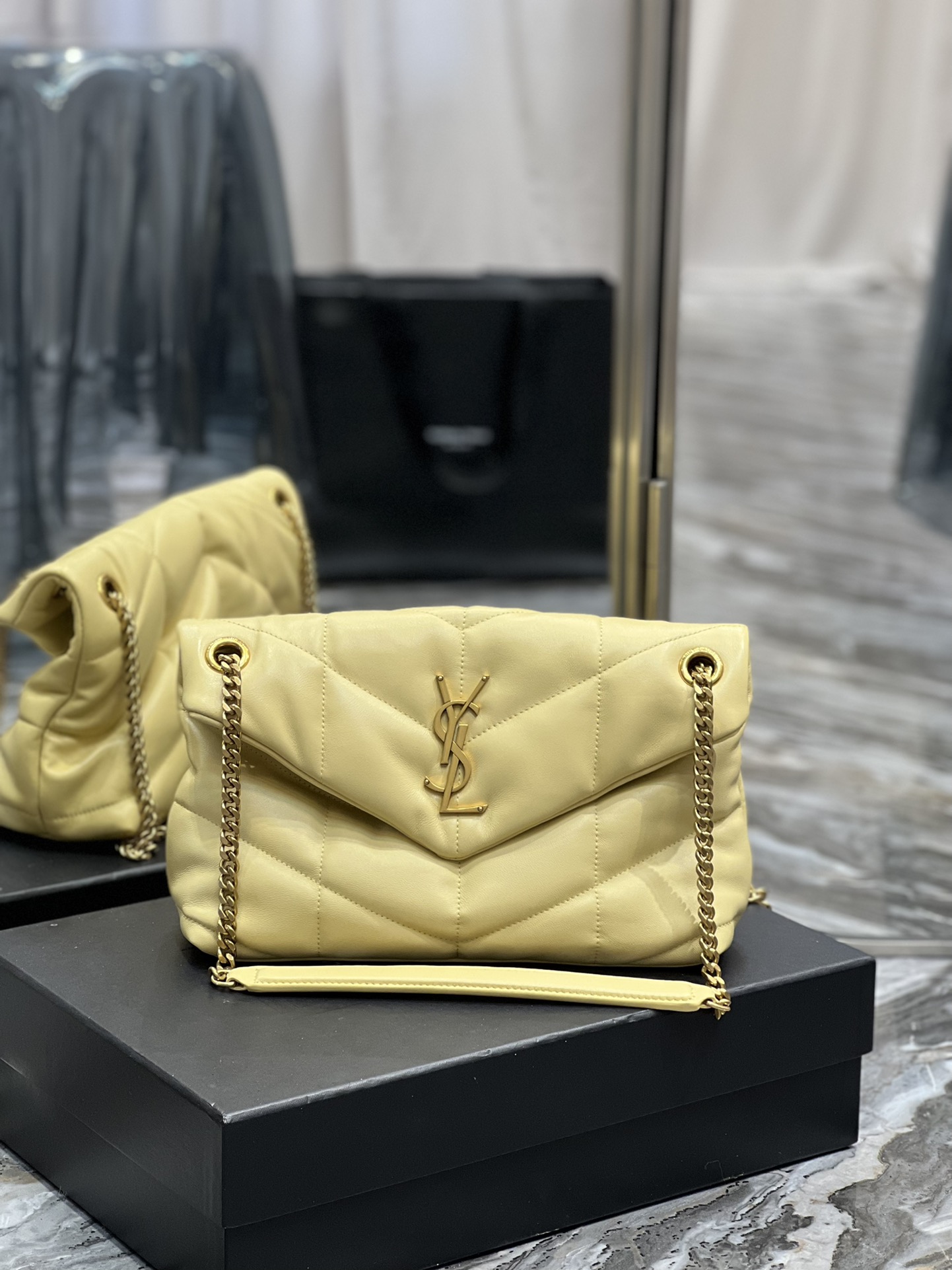 Yves Saint Laurent Small LouLou Puffer In Quilted Nappa Leather Light Yellow With Gold Chain