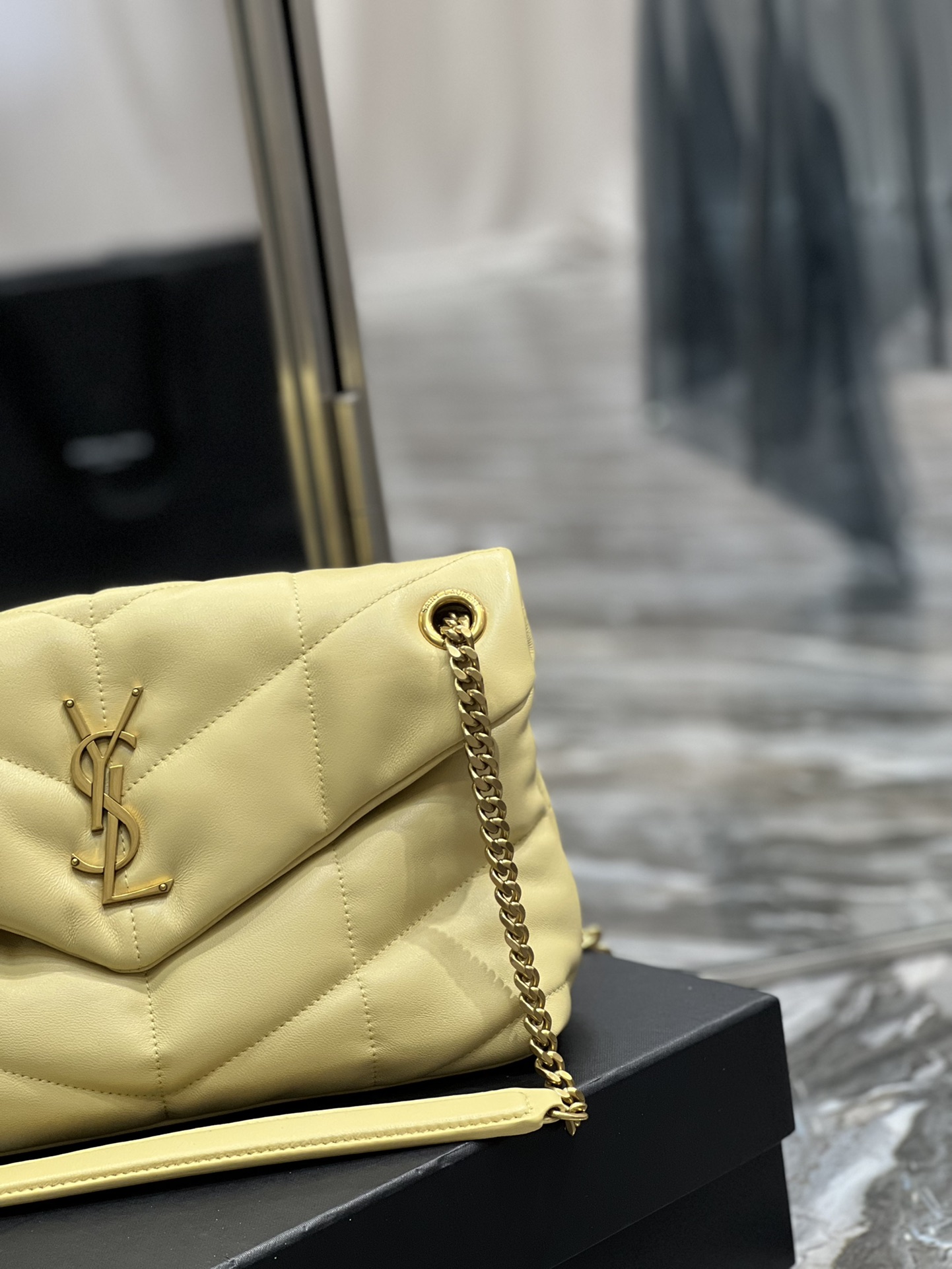 Yves Saint Laurent Small LouLou Puffer In Quilted Nappa Leather Light Yellow With Gold Chain